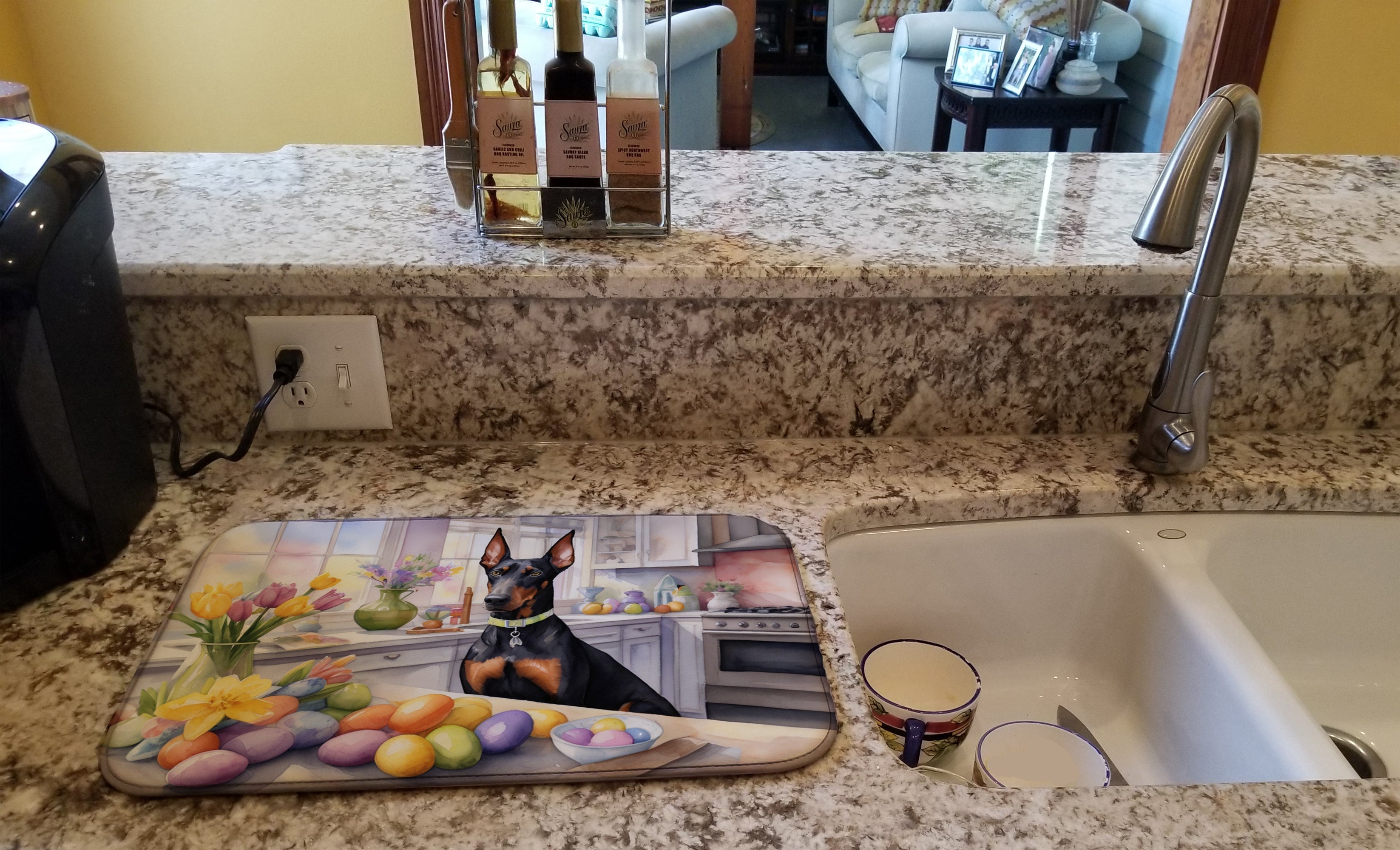 Decorating Easter Doberman Pinscher Dish Drying Mat Absorbent Dish Drying Mat Pad for Kitchen Counter Dish Drainer Mat for Countertop, 14 x 21", Multicolor