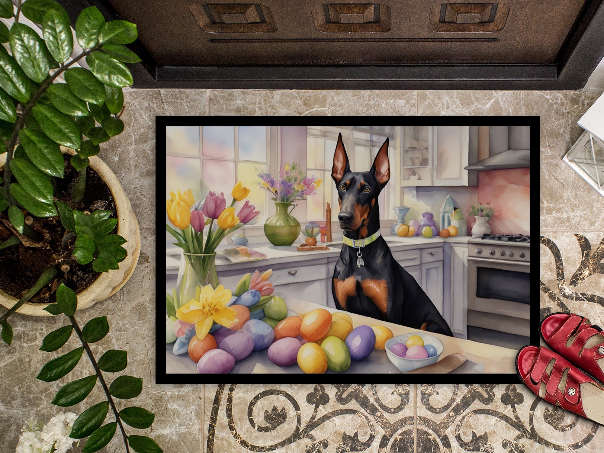 Decorating Easter Doberman Pinscher Doormat Indoor Outdoor 18H X 27W Front Door Mat Rugs for Entryway, Non Slip Washable
