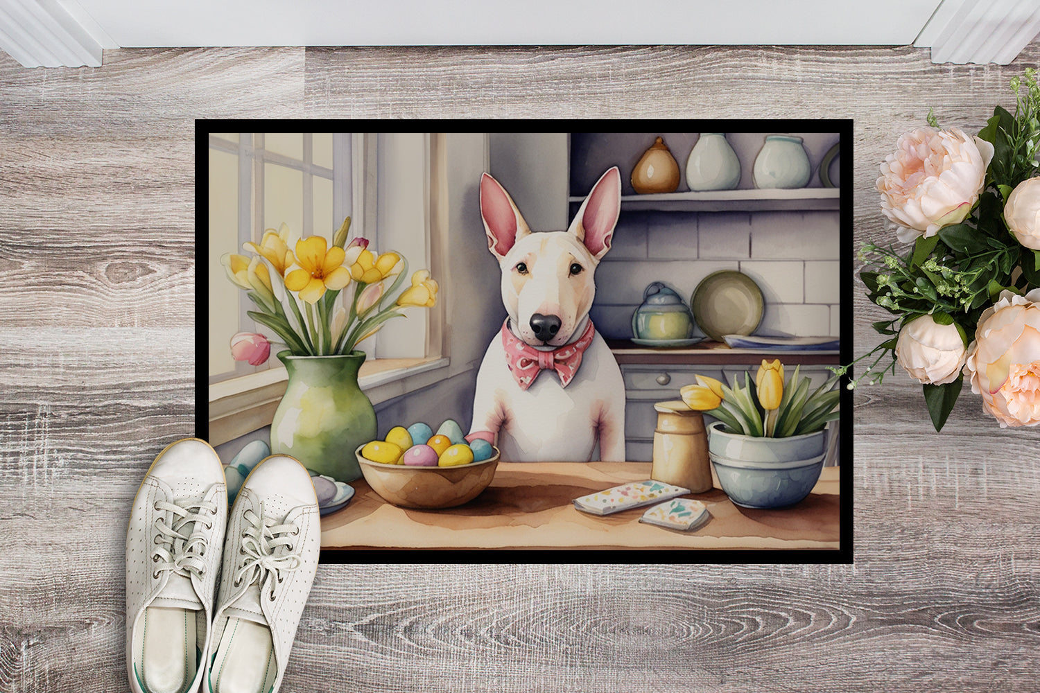 Decorating Easter English Bull Terrier Doormat Indoor Outdoor 24H X 36W Front Door Mat Rugs for Entryway, Non Slip Washable Low Pile,