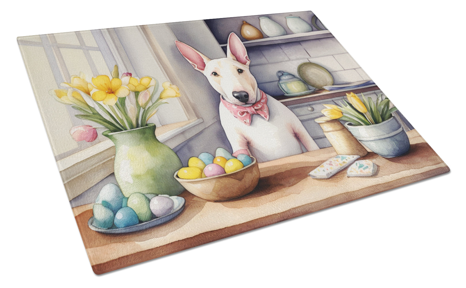Decorating Easter English Bull Terrier Cutting Board Tempered Glass Kitchen Cutting Surface, Heat Resistant Chopping, Non-Slip Feet, Food Prep & Serving