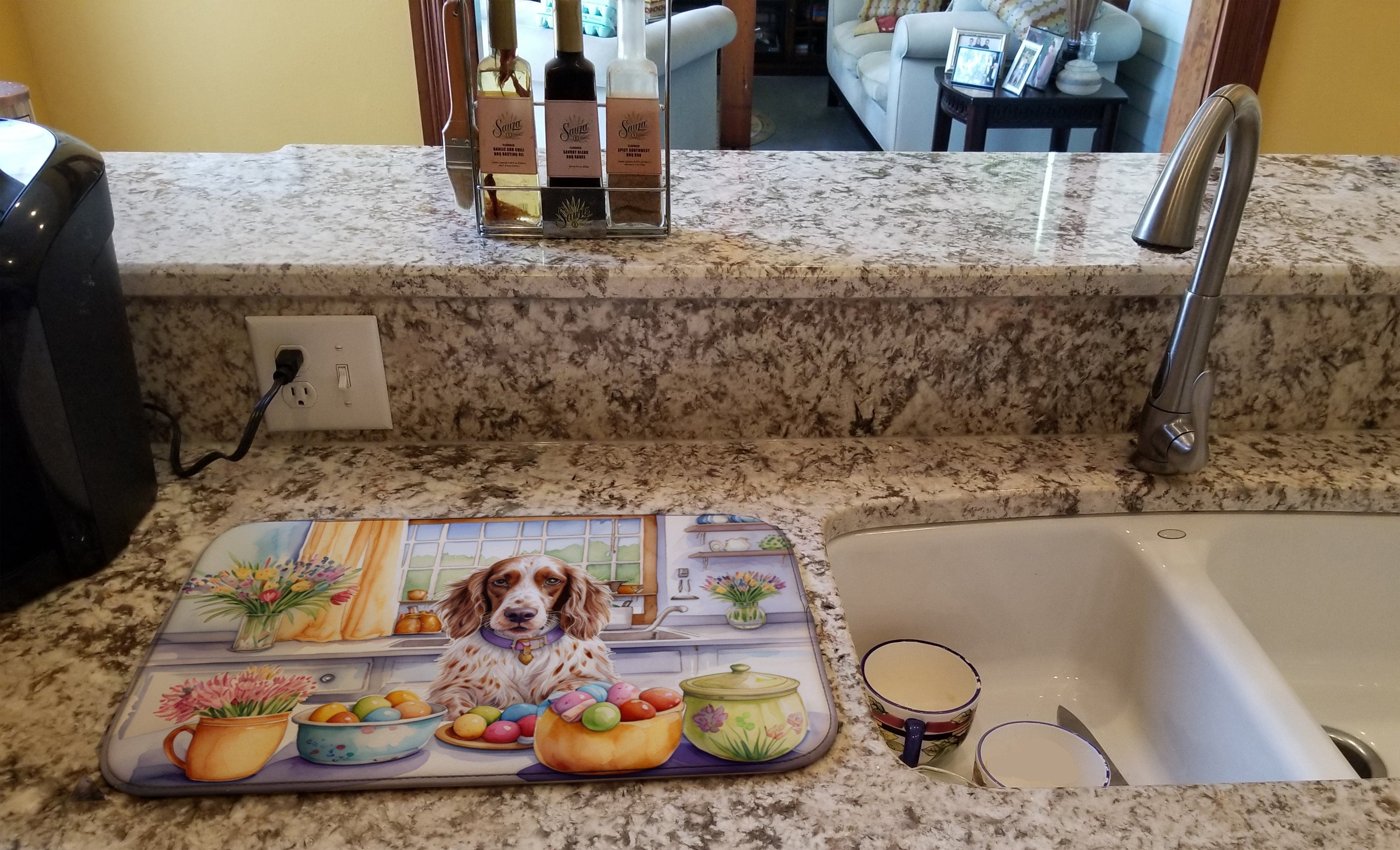 Decorating Easter English Setter Dish Drying Mat Absorbent Dish Drying Mat Pad for Kitchen Counter Dish Drainer Mat for Countertop, 14 x 21", Multicolor