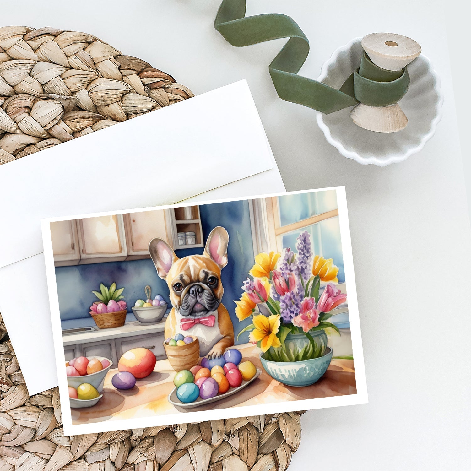 Decorating Easter French Bulldog Greeting Cards Pack of 8 Blank Cards with Envelopes Whimsical A7 Size 5x7
