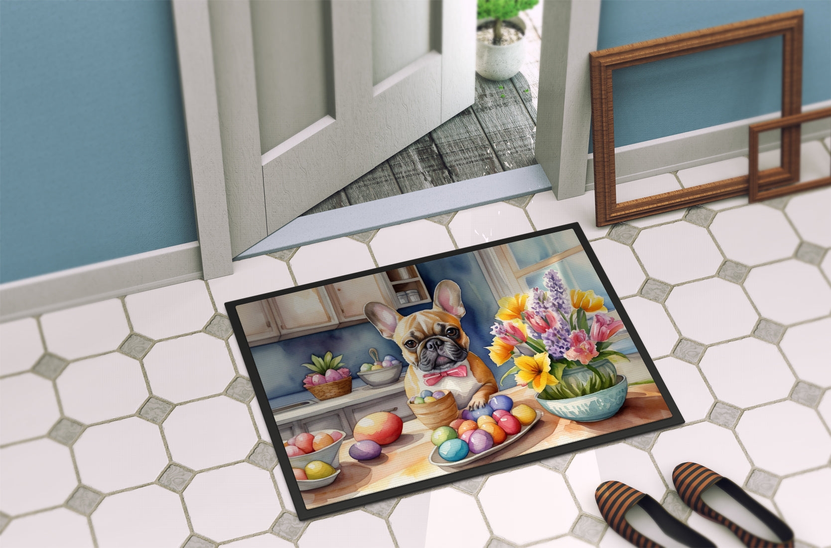 Decorating Easter French Bulldog Doormat Indoor Outdoor 18H X 27W Front Door Mat Rugs for Entryway, Non Slip Washable