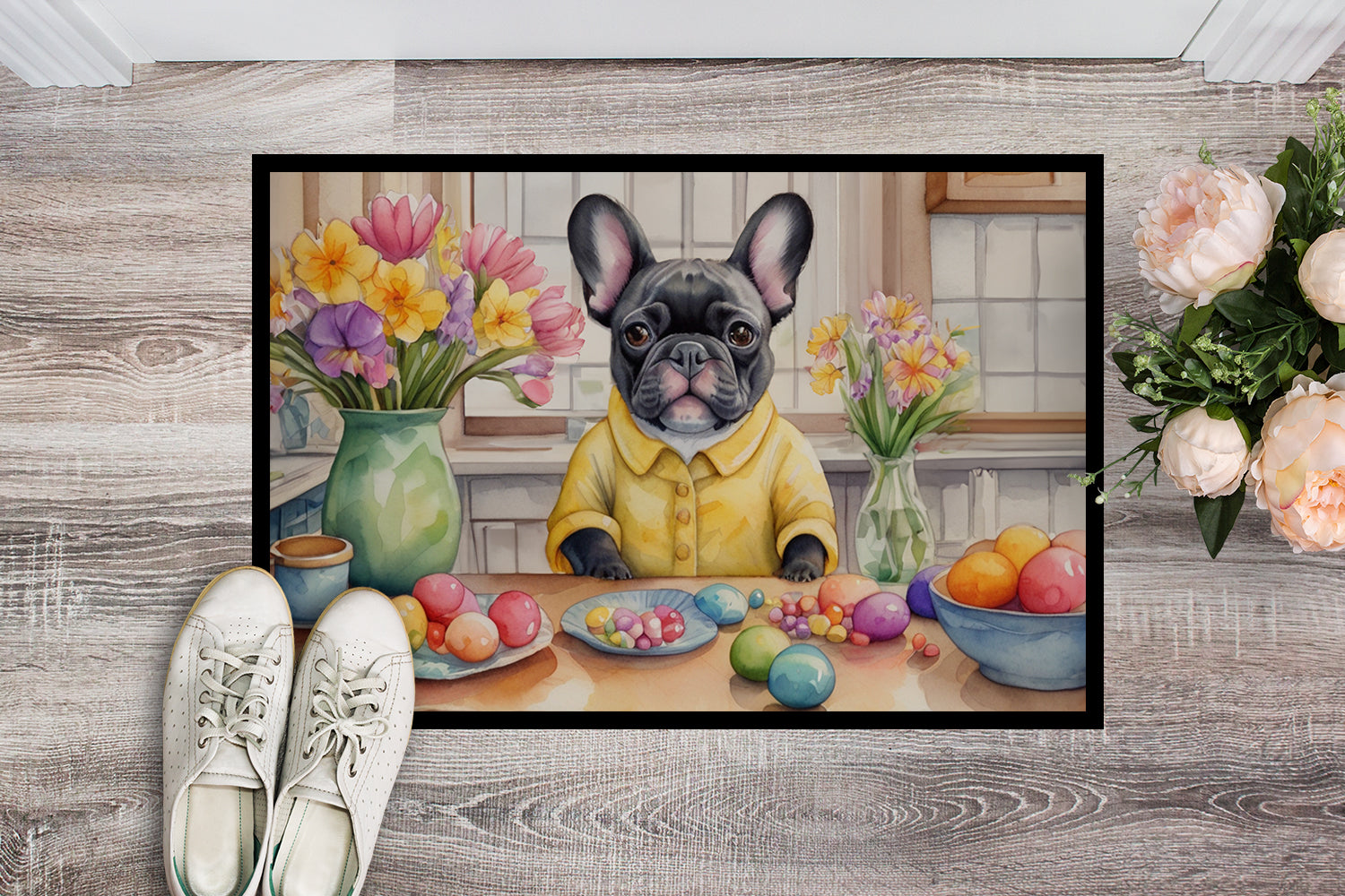 Decorating Easter French Bulldog Doormat Indoor Outdoor 18H X 27W Front Door Mat Rugs for Entryway, Non Slip Washable