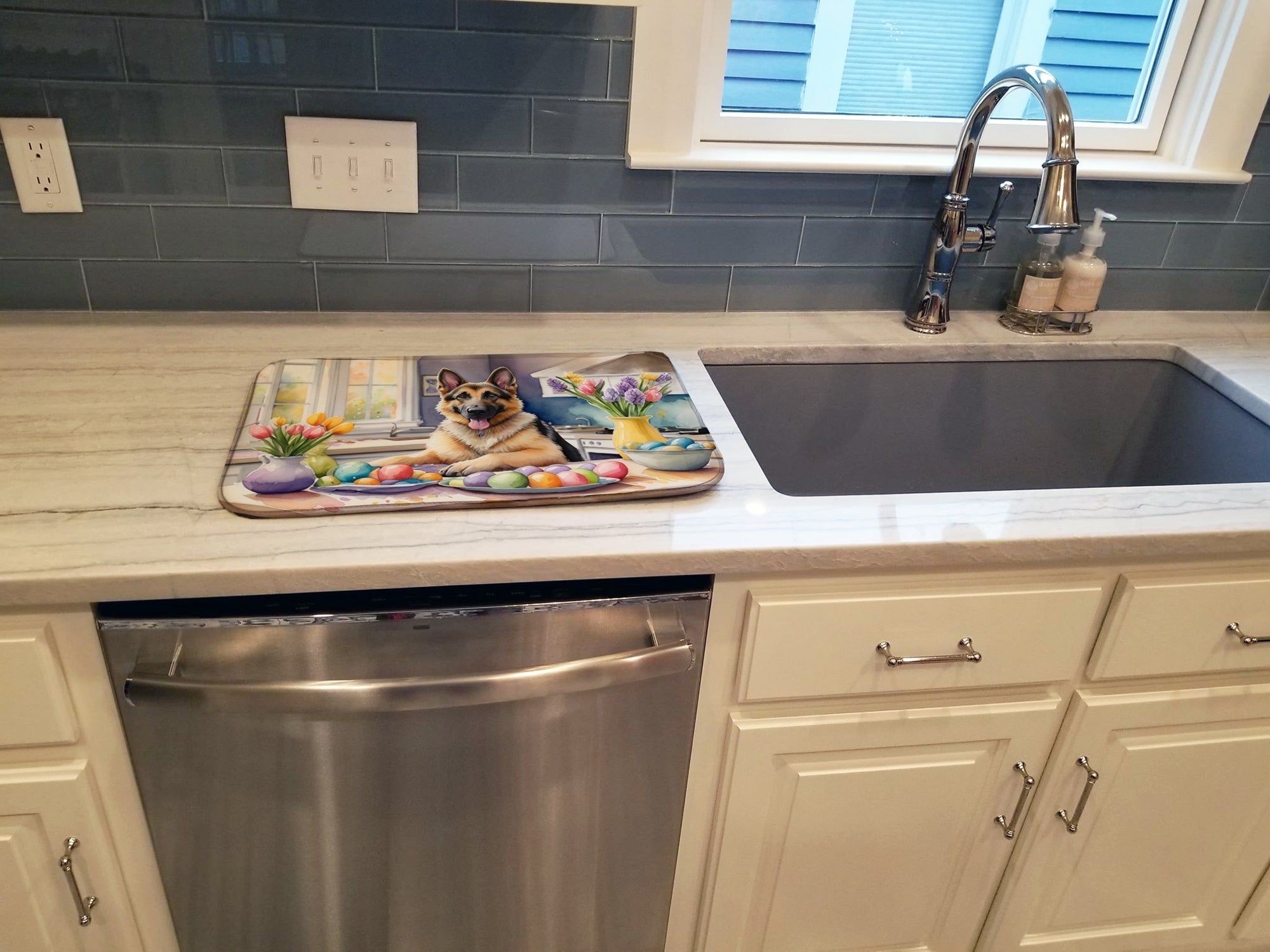 Decorating Easter German Shepherd Dish Drying Mat Absorbent Dish Drying Mat Pad for Kitchen Counter Dish Drainer Mat for Countertop, 14 x 21", Multicolor