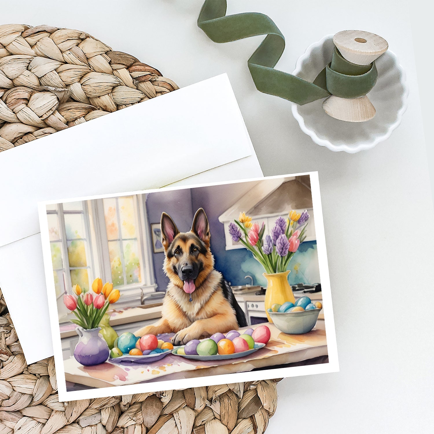 Decorating Easter German Shepherd Greeting Cards Pack of 8 Blank Cards with Envelopes Whimsical A7 Size 5x7