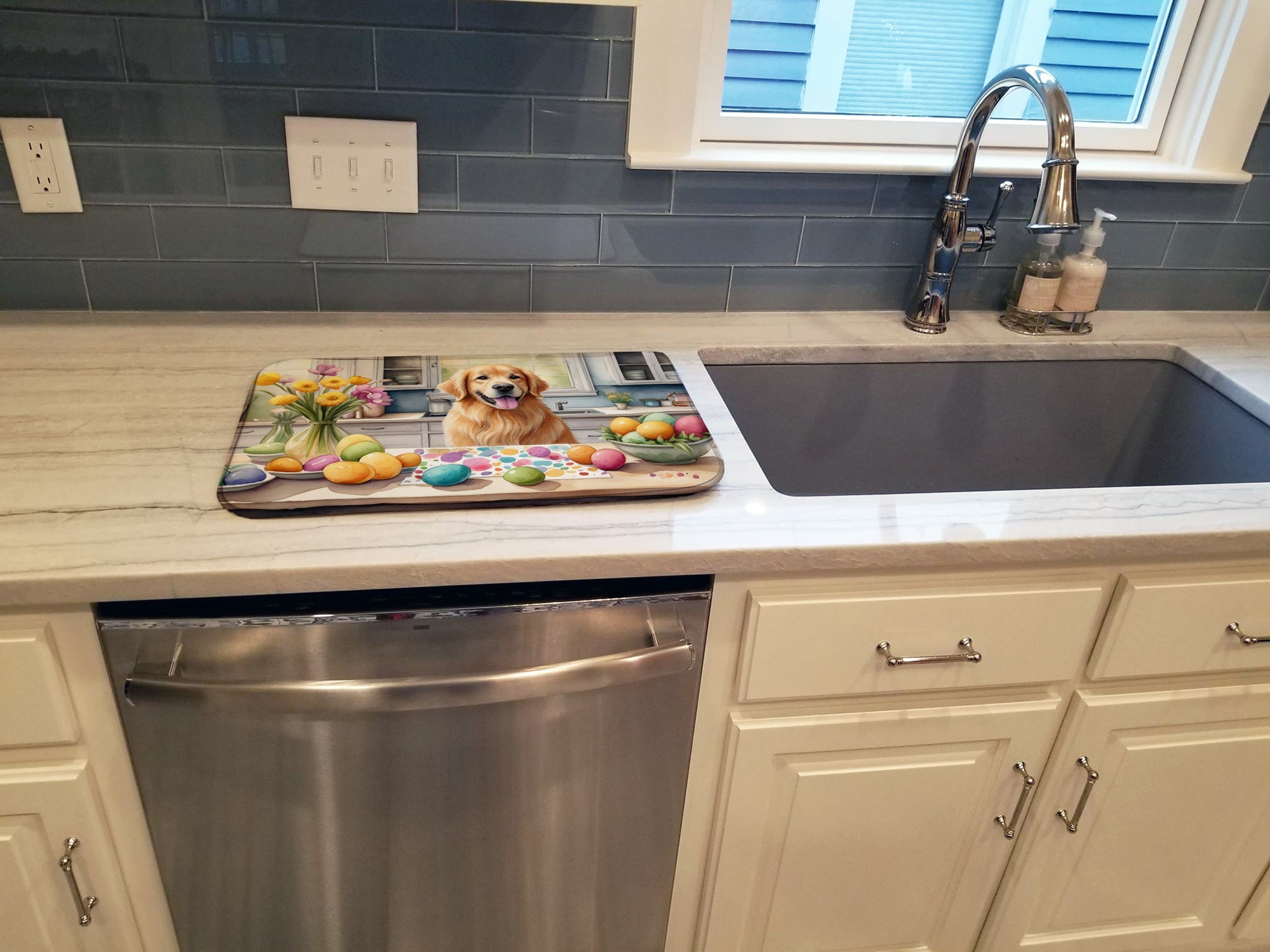 Decorating Easter Golden Retriever Dish Drying Mat Absorbent Dish Drying Mat Pad for Kitchen Counter Dish Drainer Mat for Countertop, 14 x 21", Multicolor