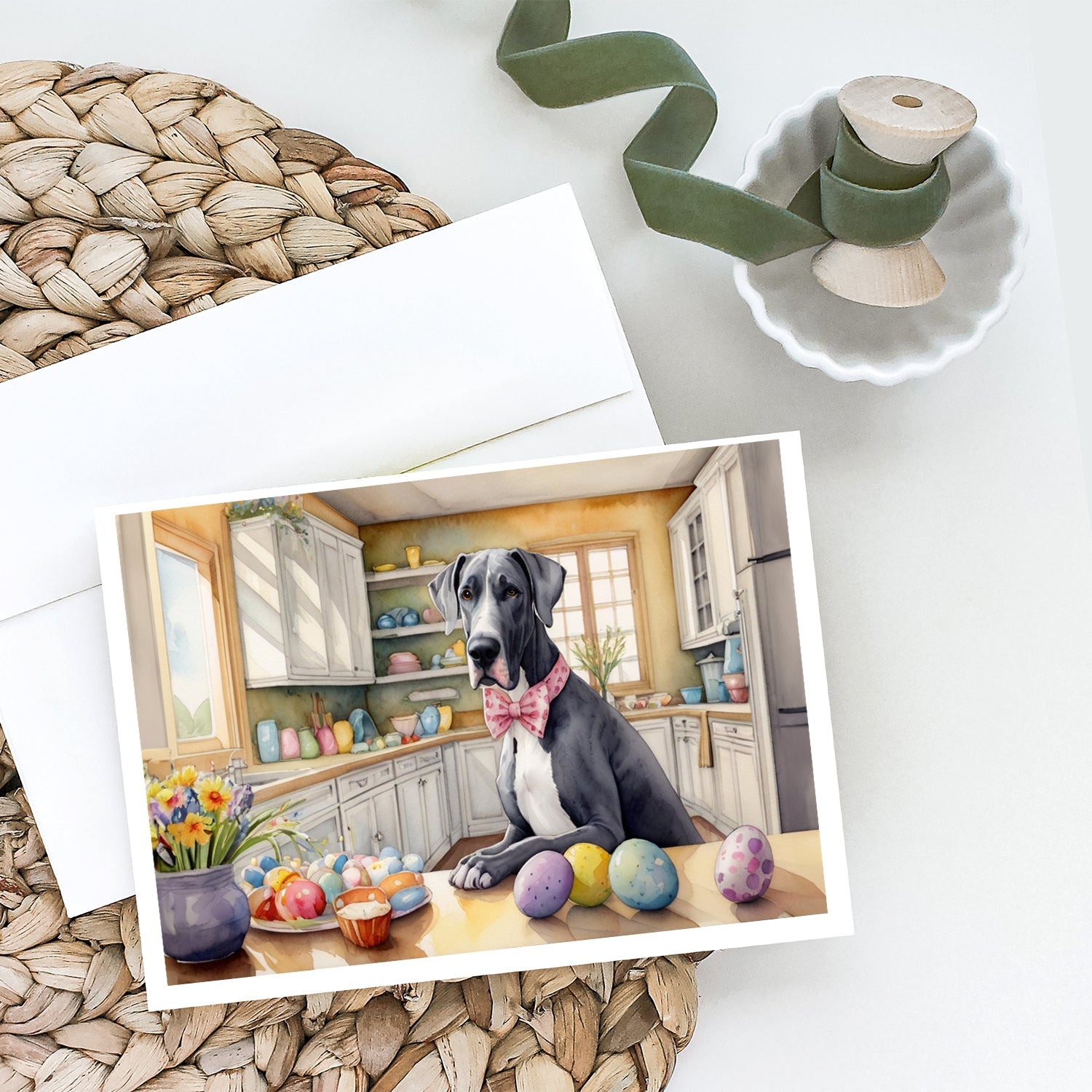 Decorating Easter Great Dane Greeting Cards Pack of 8 Blank Cards with Envelopes Whimsical A7 Size 5x7