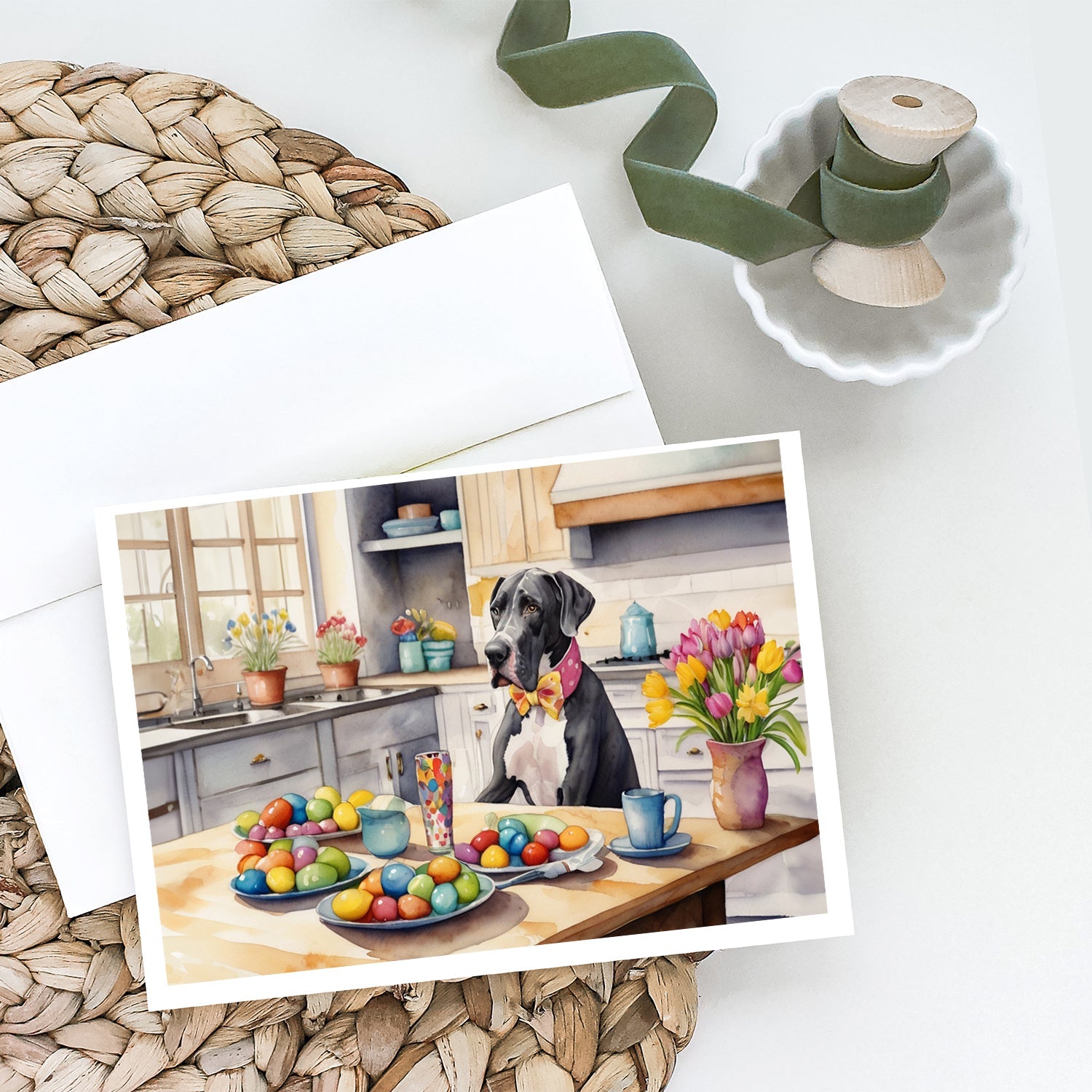 Decorating Easter Great Dane Greeting Cards Pack of 8 Blank Cards with Envelopes Whimsical A7 Size 5x7