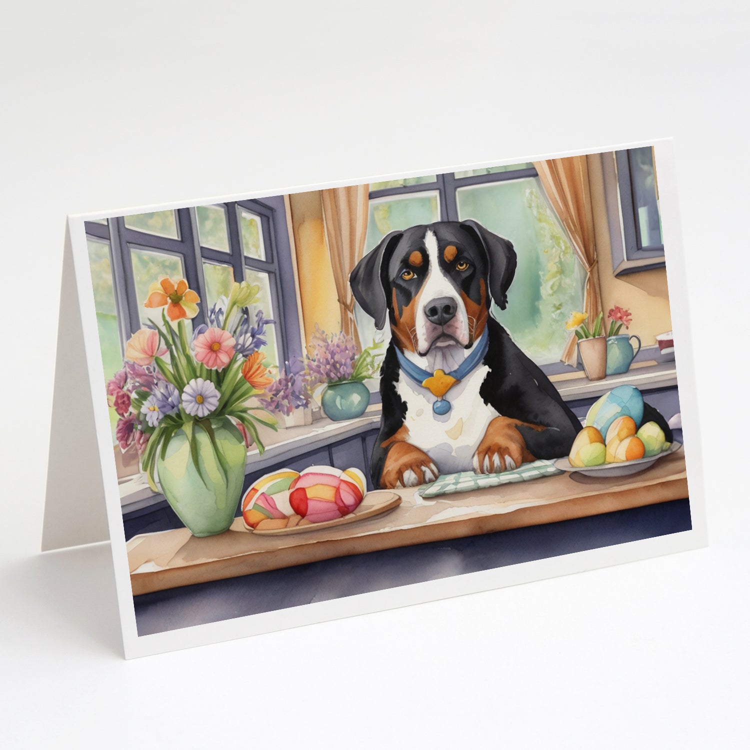 Decorating Easter Greater Swiss Mountain Dog Greeting Cards Pack of 8 Blank Cards with Envelopes Whimsical A7 Size 5x7