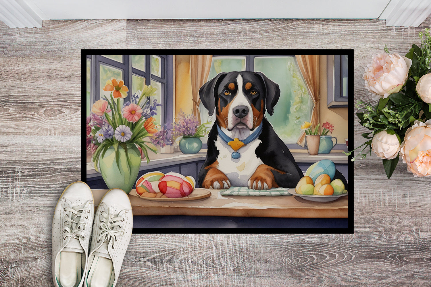 Decorating Easter Greater Swiss Mountain Dog Doormat Indoor Outdoor 24H X 36W Front Door Mat Rugs for Entryway, Non Slip Washable Low Pile,
