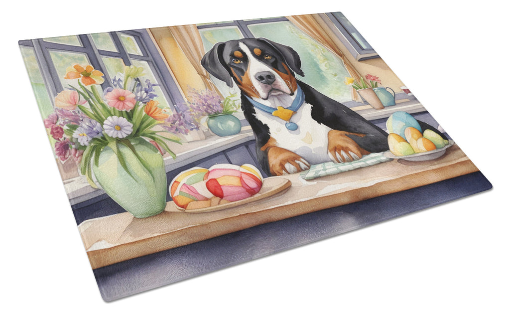 Decorating Easter Greater Swiss Mountain Dog Cutting Board Tempered Glass Kitchen Cutting Surface, Heat Resistant Chopping, Non-Slip Feet, Food Prep & Serving