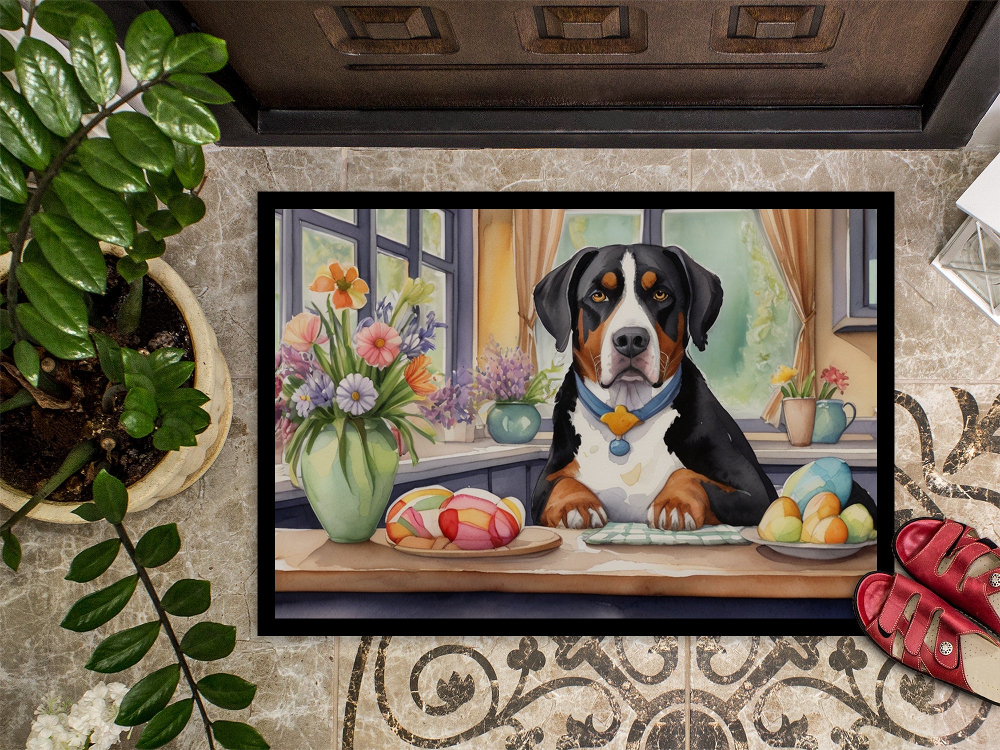 Decorating Easter Greater Swiss Mountain Dog Doormat Indoor Outdoor 18H X 27W Front Door Mat Rugs for Entryway, Non Slip Washable