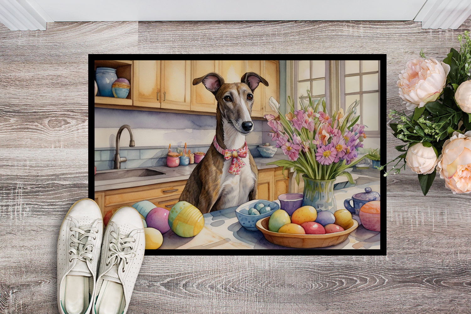 Decorating Easter Greyhound Doormat Indoor Outdoor 18H X 27W Front Door Mat Rugs for Entryway, Non Slip Washable