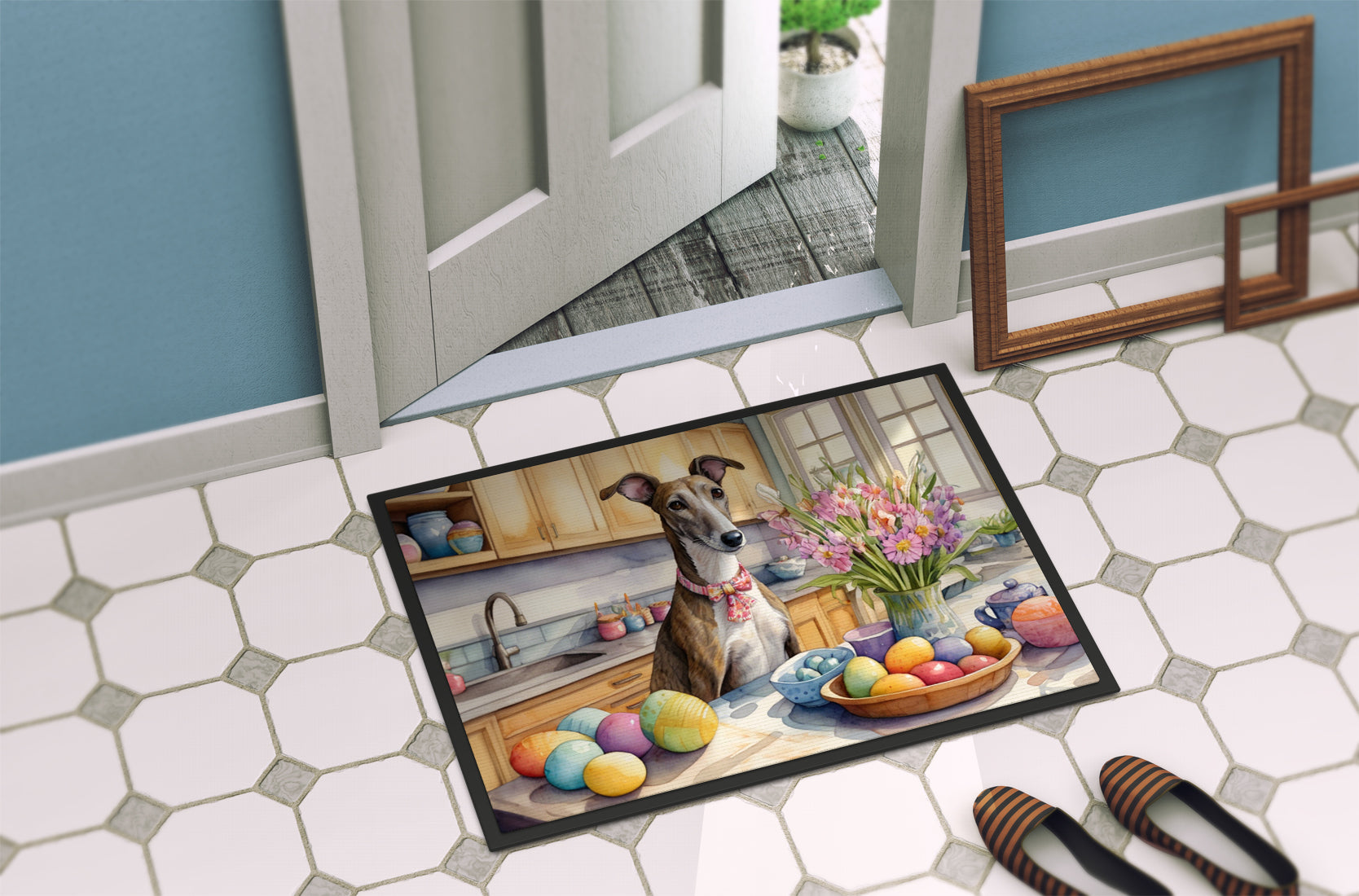 Decorating Easter Greyhound Doormat Indoor Outdoor 18H X 27W Front Door Mat Rugs for Entryway, Non Slip Washable