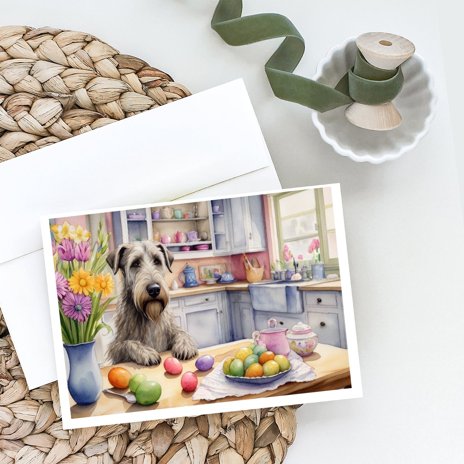 Decorating Easter Irish Wolfhound Greeting Cards Pack of 8 Blank Cards with Envelopes Whimsical A7 Size 5x7
