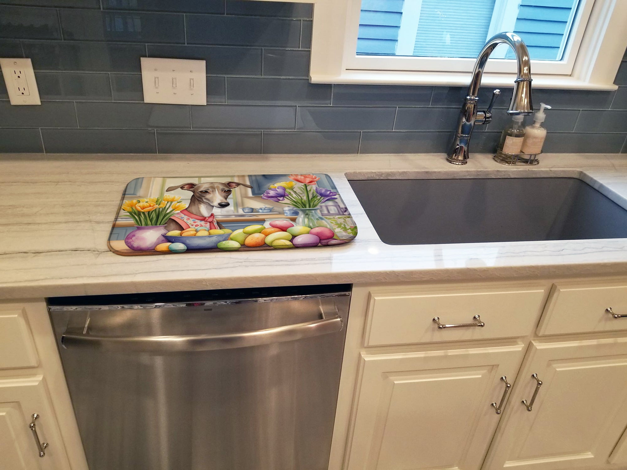 Decorating Easter Italian Greyhound Dish Drying Mat Absorbent Dish Drying Mat Pad for Kitchen Counter Dish Drainer Mat for Countertop, 14 x 21", Multicolor