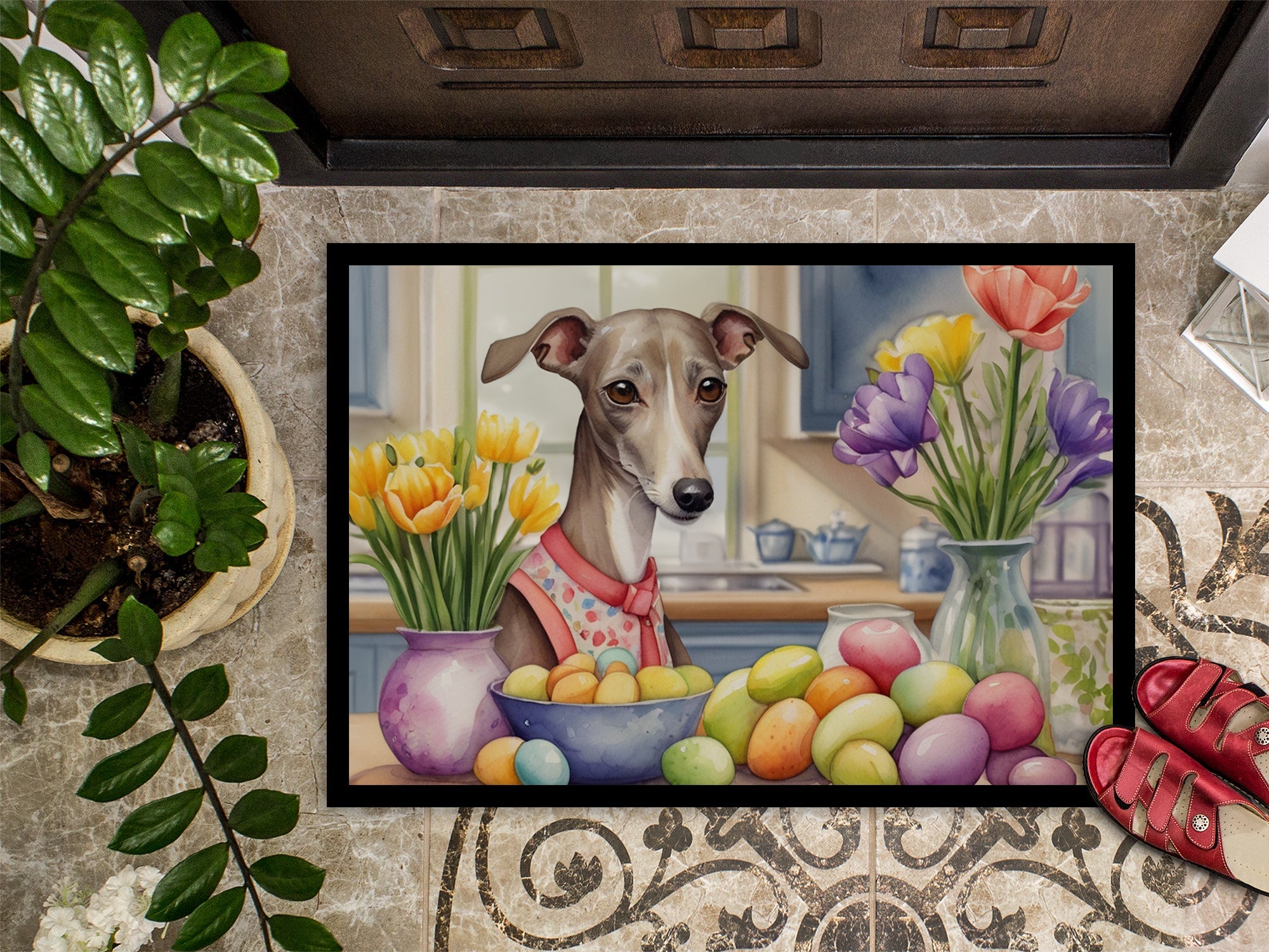 Decorating Easter Italian Greyhound Doormat Indoor Outdoor 18H X 27W Front Door Mat Rugs for Entryway, Non Slip Washable