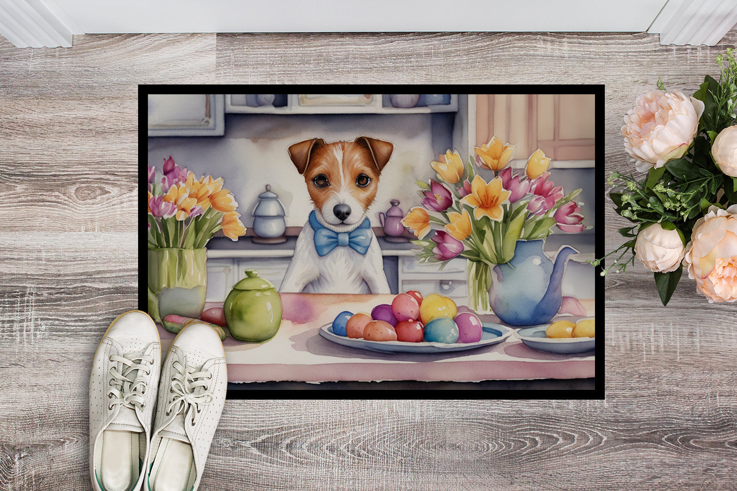 Decorating Easter Jack Russell Terrier Doormat Indoor Outdoor 24H X 36W Front Door Mat Rugs for Entryway, Non Slip Washable Low Pile,