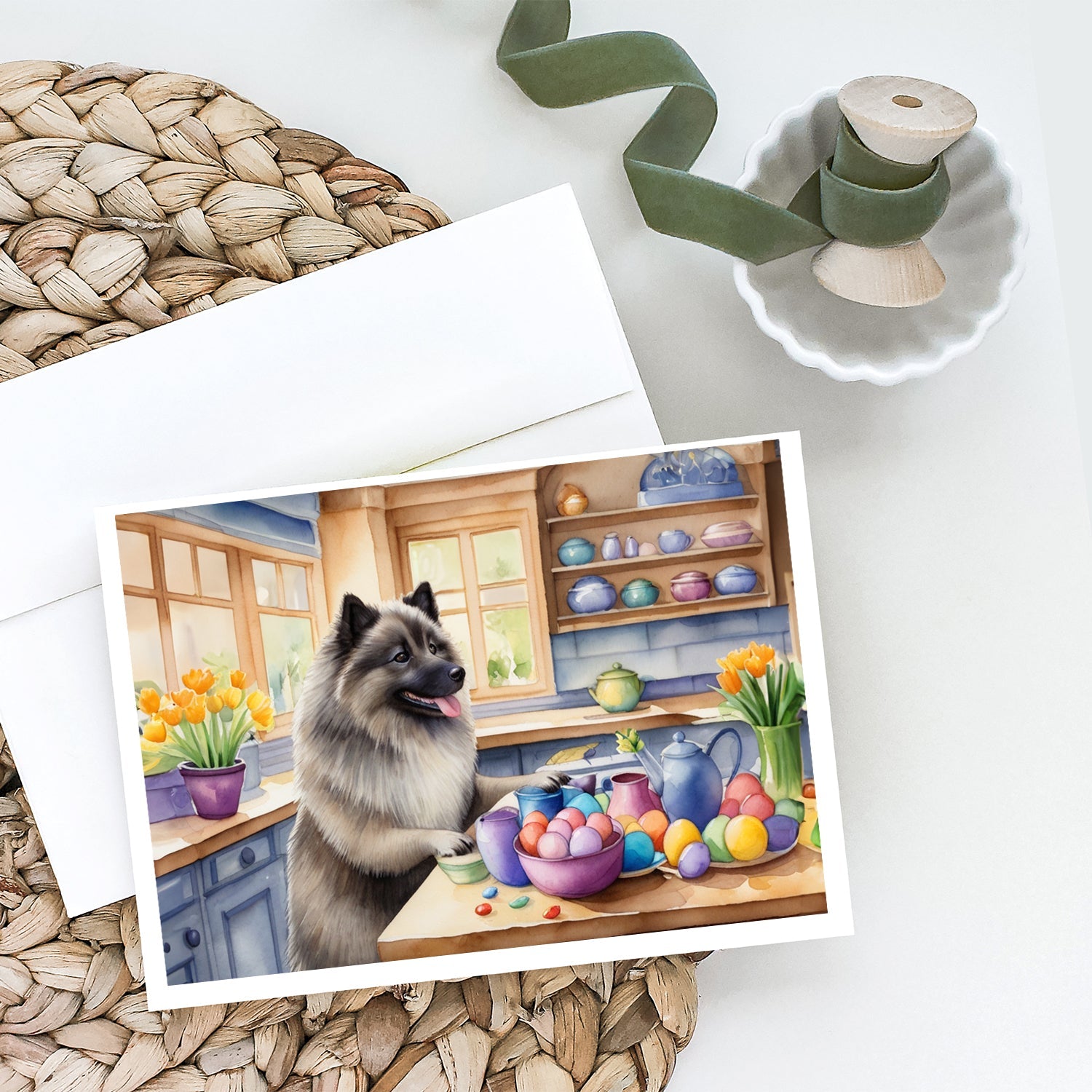 Decorating Easter Keeshond Greeting Cards Pack of 8 Blank Cards with Envelopes Whimsical A7 Size 5x7