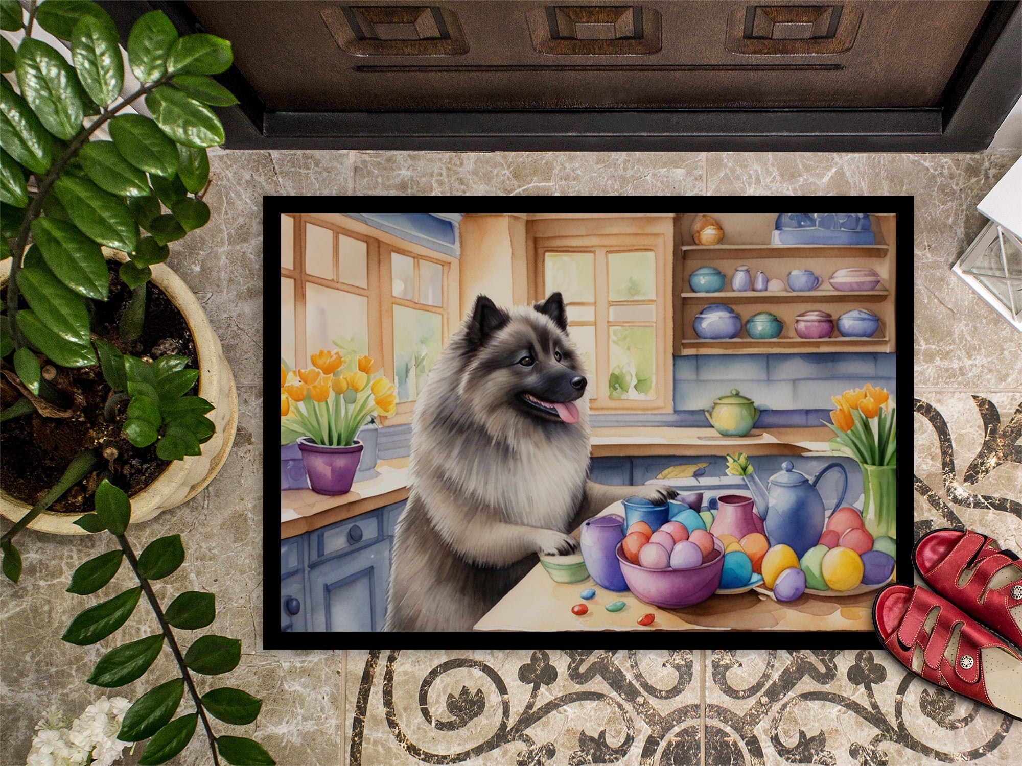Decorating Easter Keeshond Doormat Indoor Outdoor 18H X 27W Front Door Mat Rugs for Entryway, Non Slip Washable