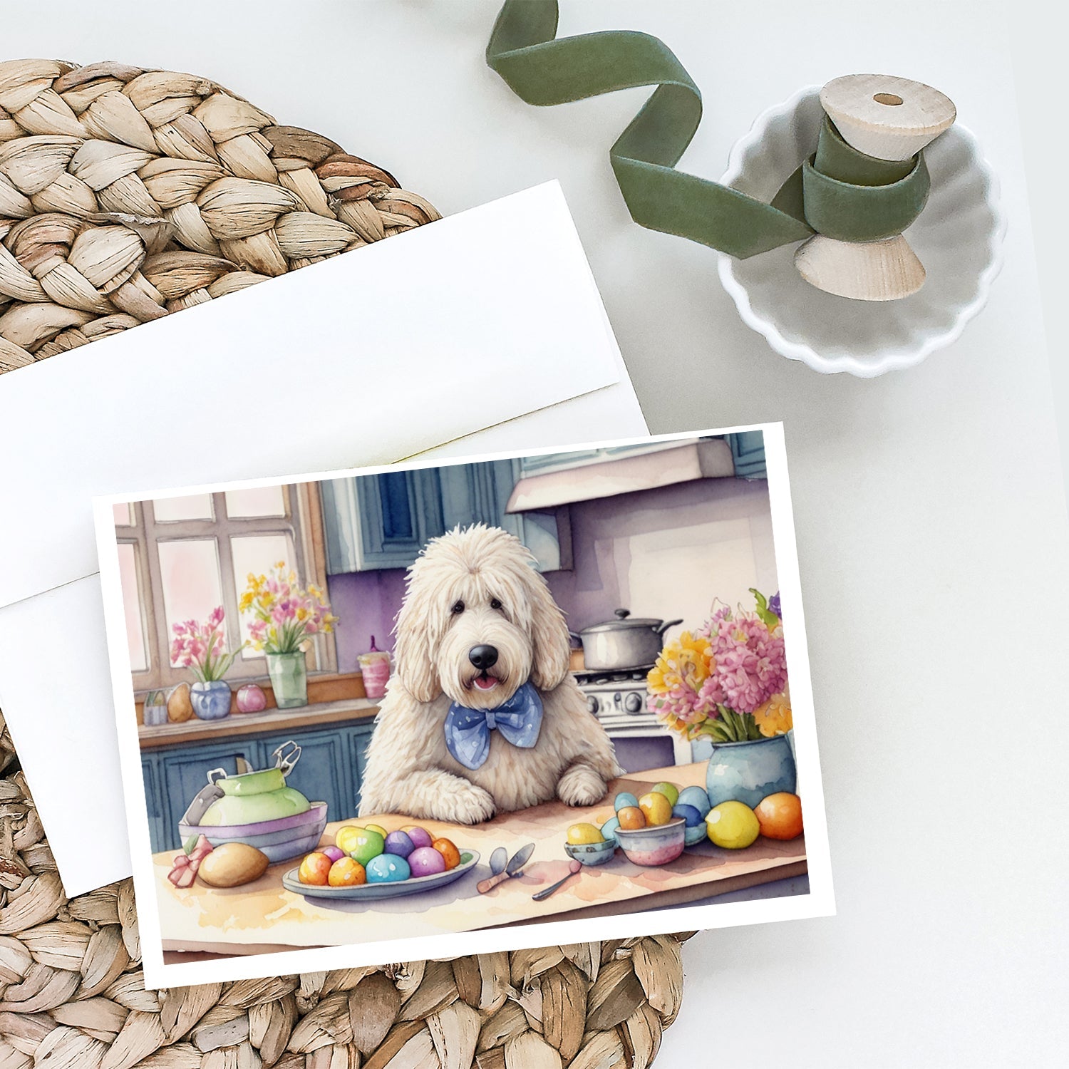 Decorating Easter Komondor Greeting Cards Pack of 8 Blank Cards with Envelopes Whimsical A7 Size 5x7