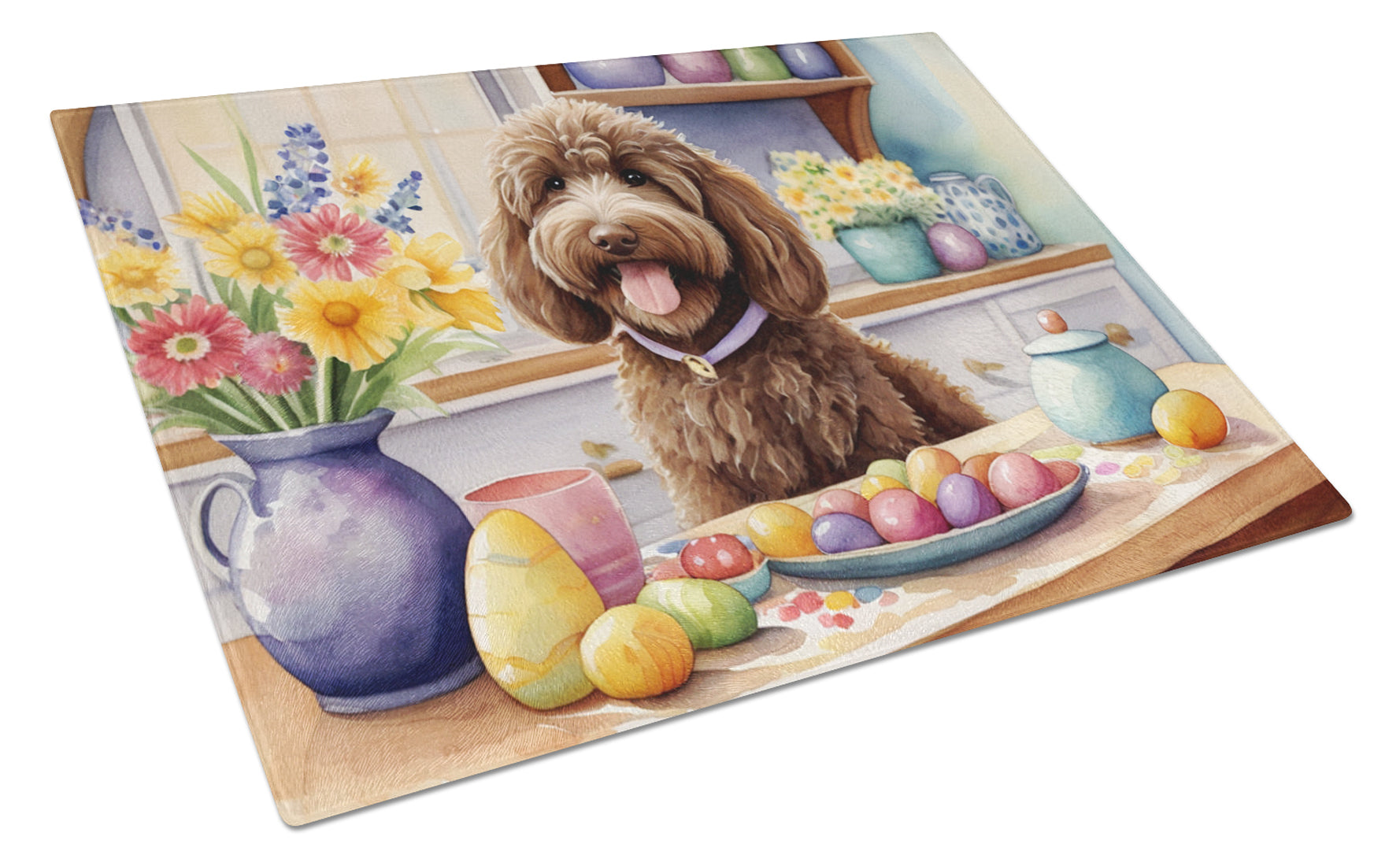 Decorating Easter Labradoodle Cutting Board Tempered Glass Kitchen Cutting Surface, Heat Resistant Chopping, Non-Slip Feet, Food Prep & Serving