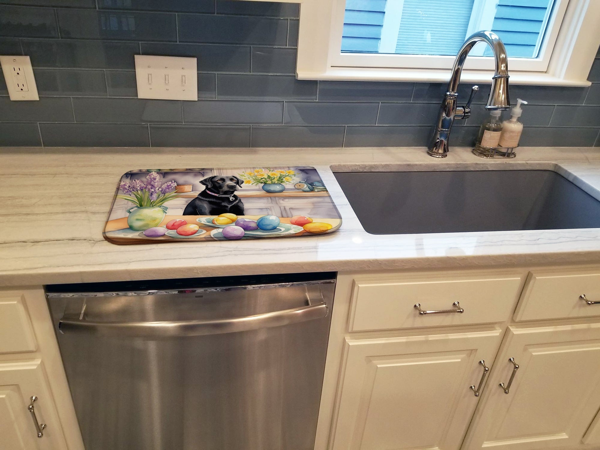 Decorating Easter Black Labrador Retriever Dish Drying Mat Absorbent Dish Drying Mat Pad for Kitchen Counter Dish Drainer Mat for Countertop, 14 x 21", Multicolor