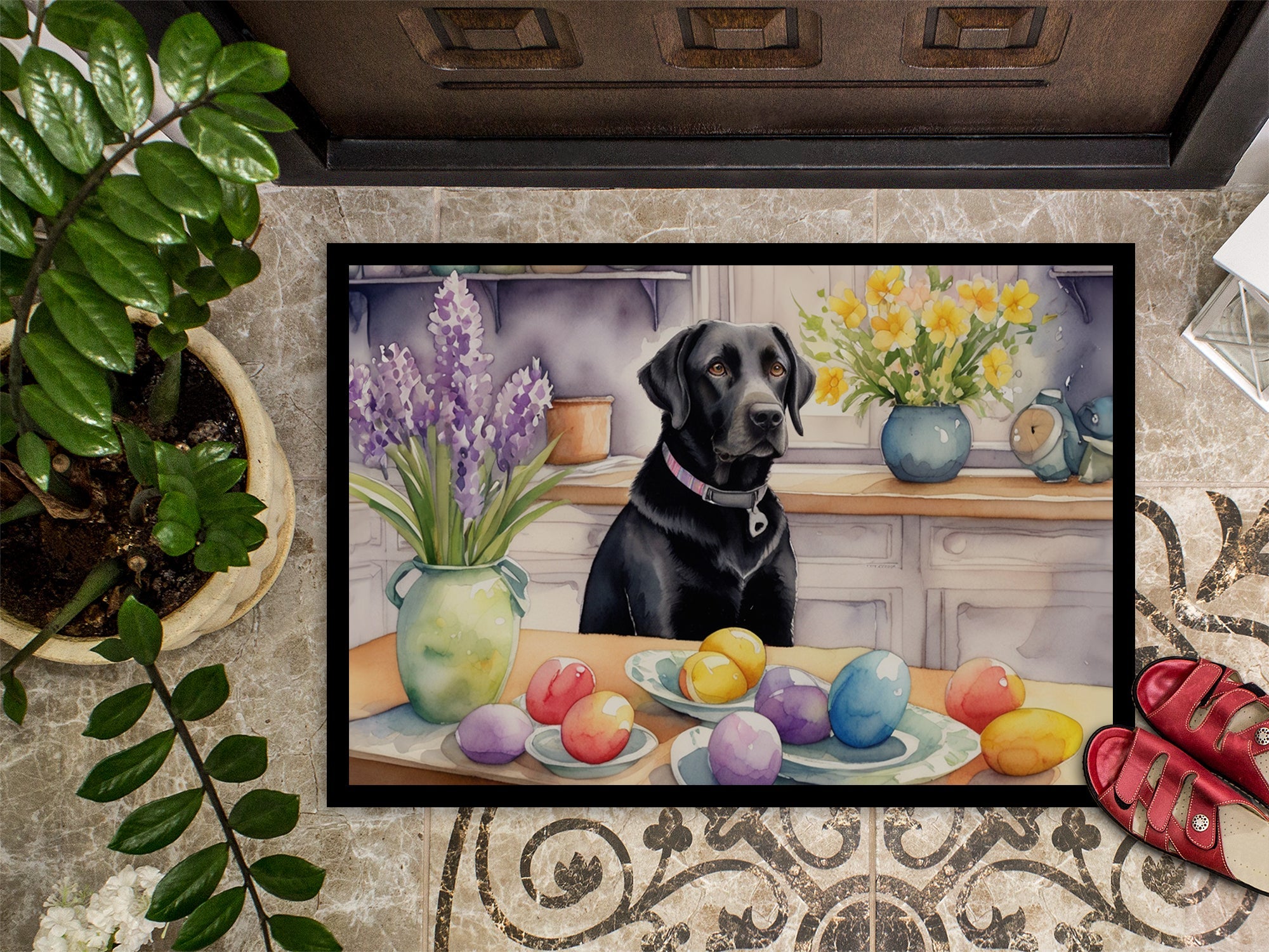 Decorating Easter Black Labrador Retriever Doormat Indoor Outdoor 18H X 27W Front Door Mat Rugs for Entryway, Non Slip Washable