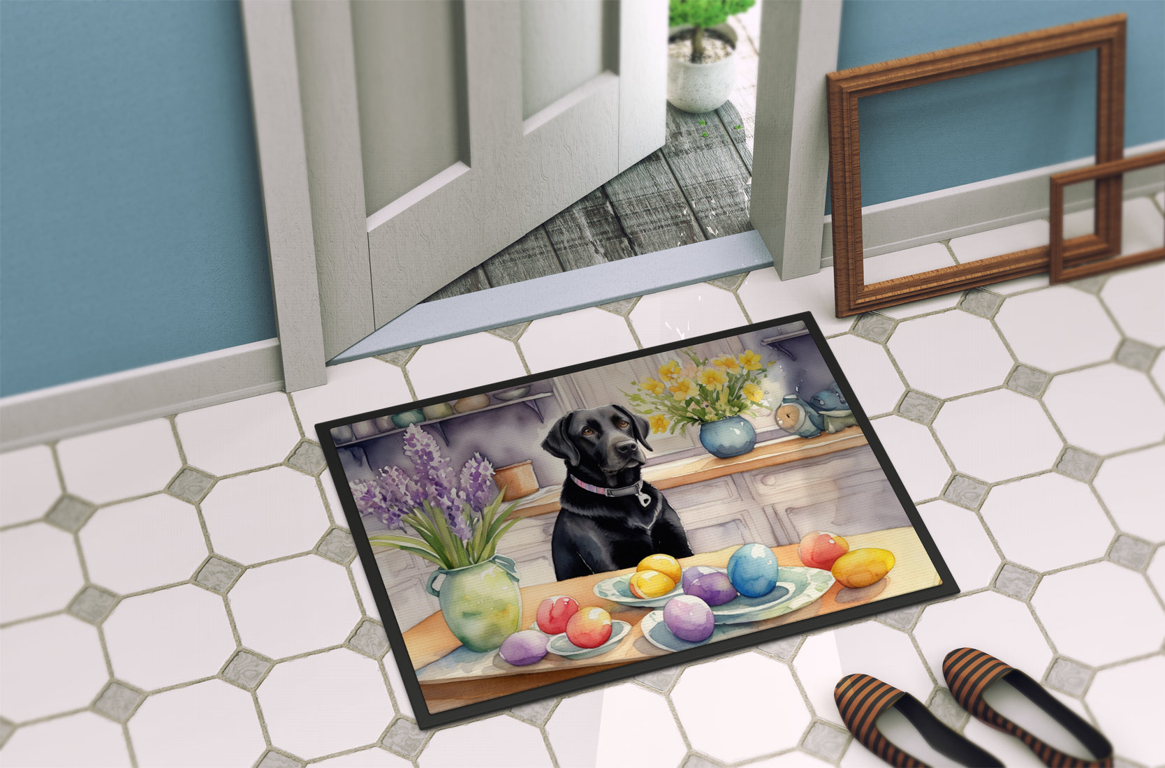 Decorating Easter Black Labrador Retriever Doormat Indoor Outdoor 18H X 27W Front Door Mat Rugs for Entryway, Non Slip Washable