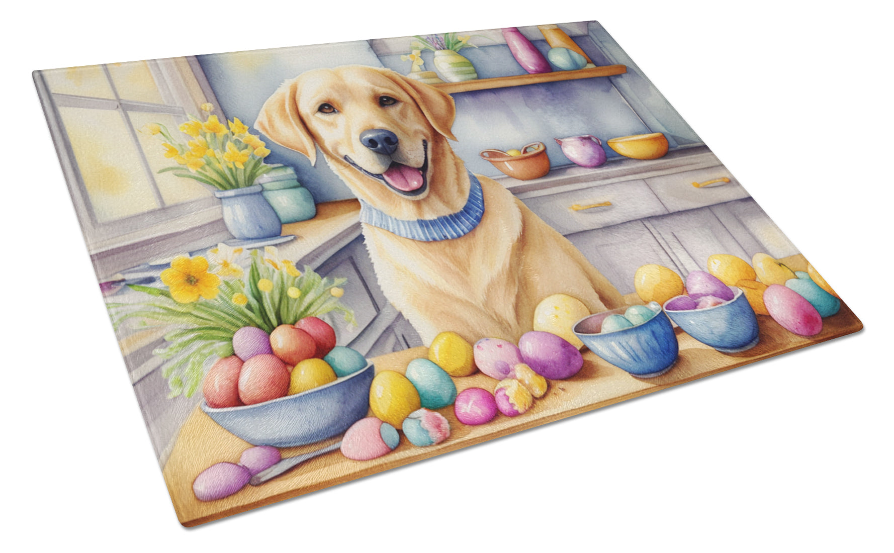 Decorating Easter Yellow Labrador Retriever Cutting Board Tempered Glass Kitchen Cutting Surface, Heat Resistant Chopping, Non-Slip Feet, Food Prep & Serving