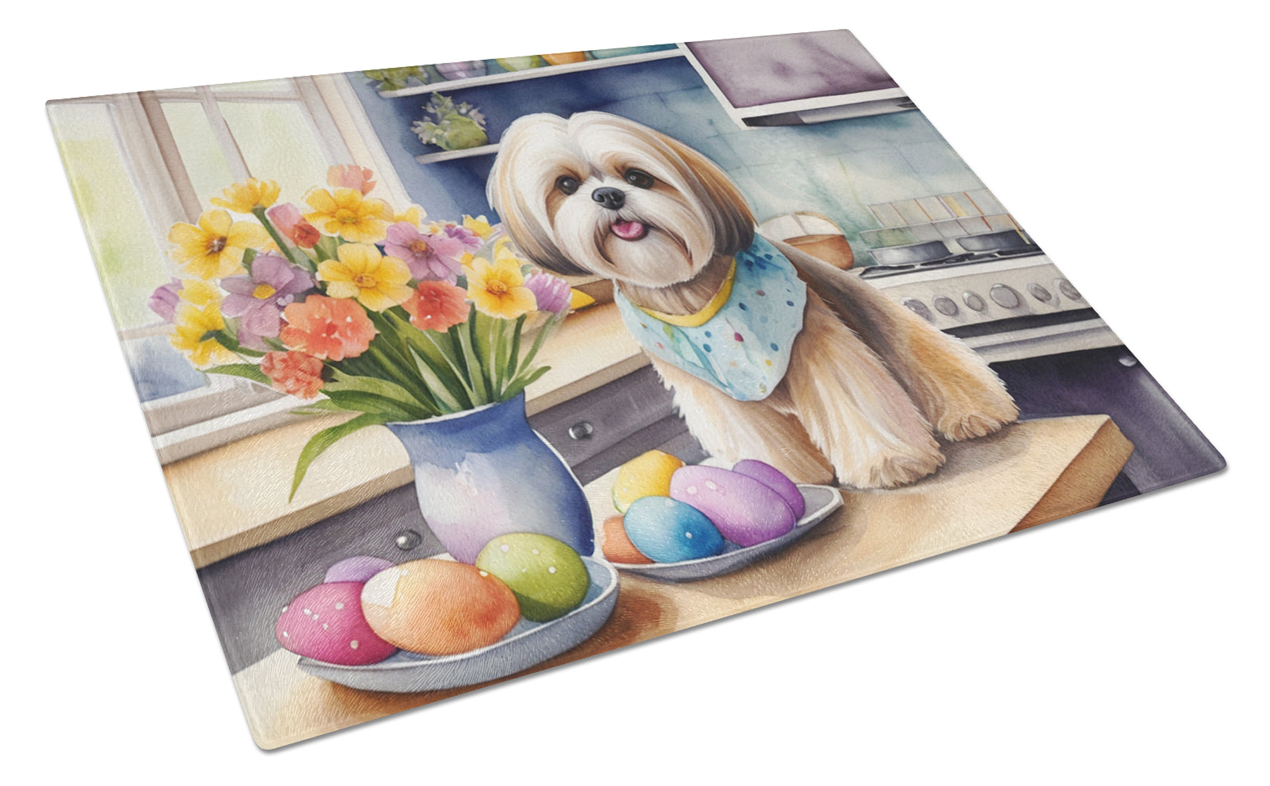 Decorating Easter Lhasa Apso Cutting Board Tempered Glass Kitchen Cutting Surface, Heat Resistant Chopping, Non-Slip Feet, Food Prep & Serving
