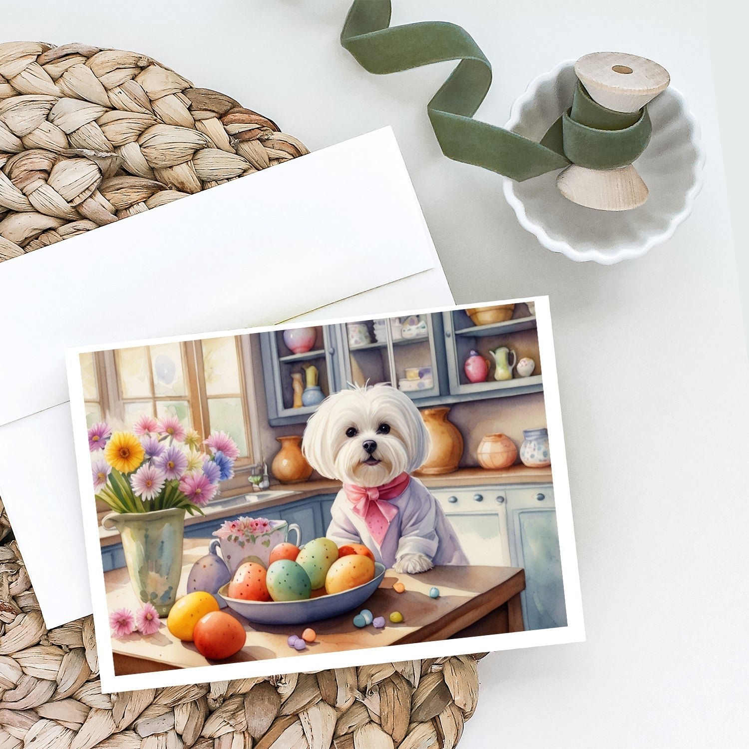 Decorating Easter Maltese Greeting Cards Pack of 8 Blank Cards with Envelopes Whimsical A7 Size 5x7