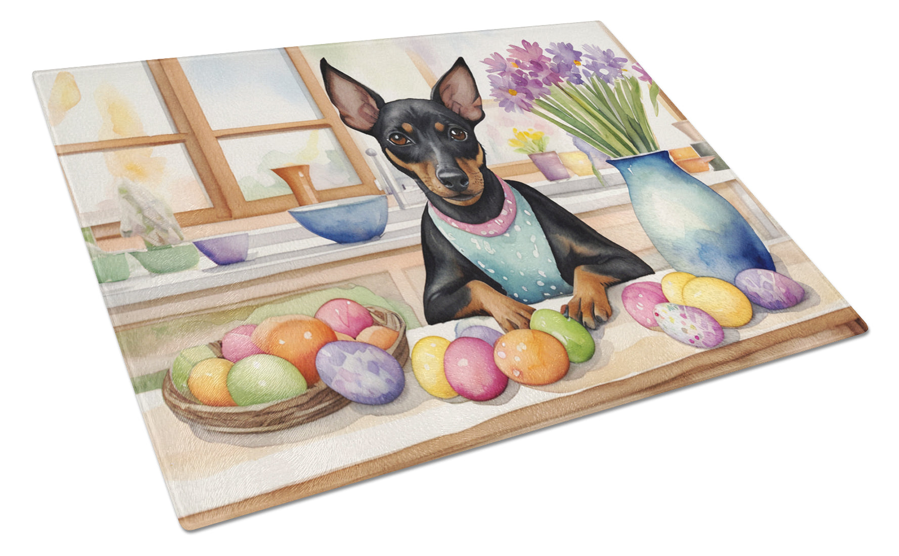 Decorating Easter Manchester Terrier Cutting Board Tempered Glass Kitchen Cutting Surface, Heat Resistant Chopping, Non-Slip Feet, Food Prep & Serving
