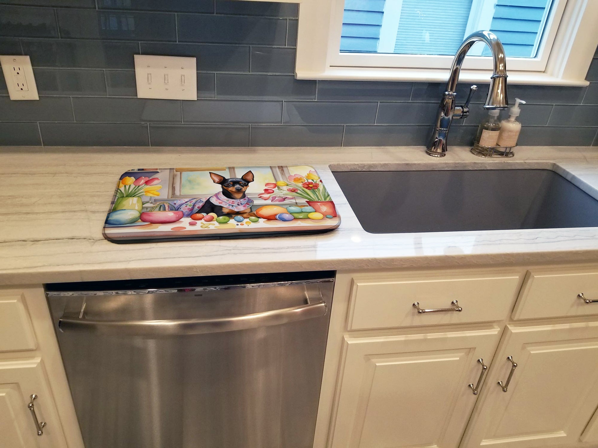 Decorating Easter Miniature Pinscher Dish Drying Mat Absorbent Dish Drying Mat Pad for Kitchen Counter Dish Drainer Mat for Countertop, 14 x 21", Multicolor