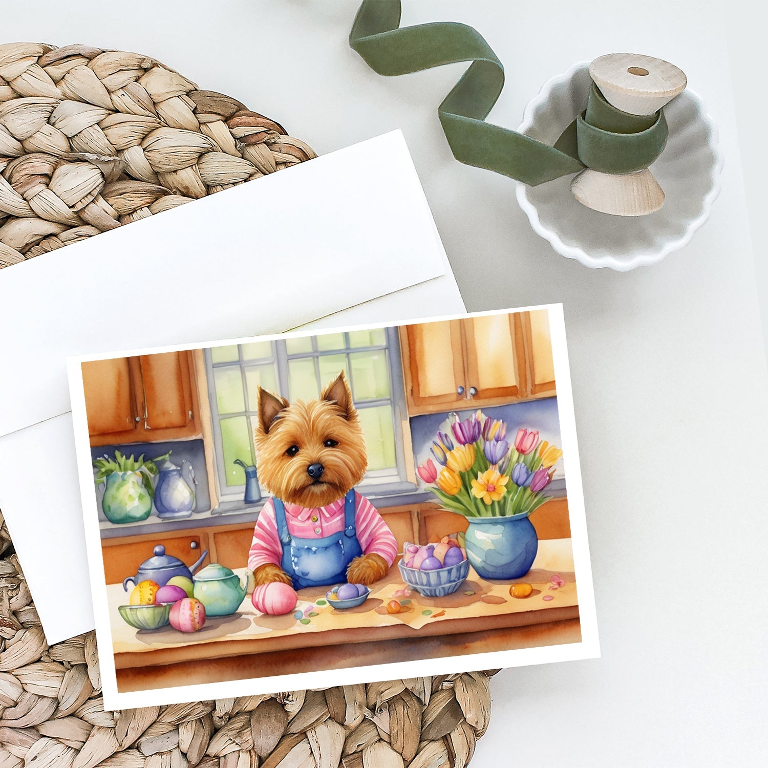 Decorating Easter Norwich Terrier Greeting Cards Pack of 8 Blank Cards with Envelopes Whimsical A7 Size 5x7