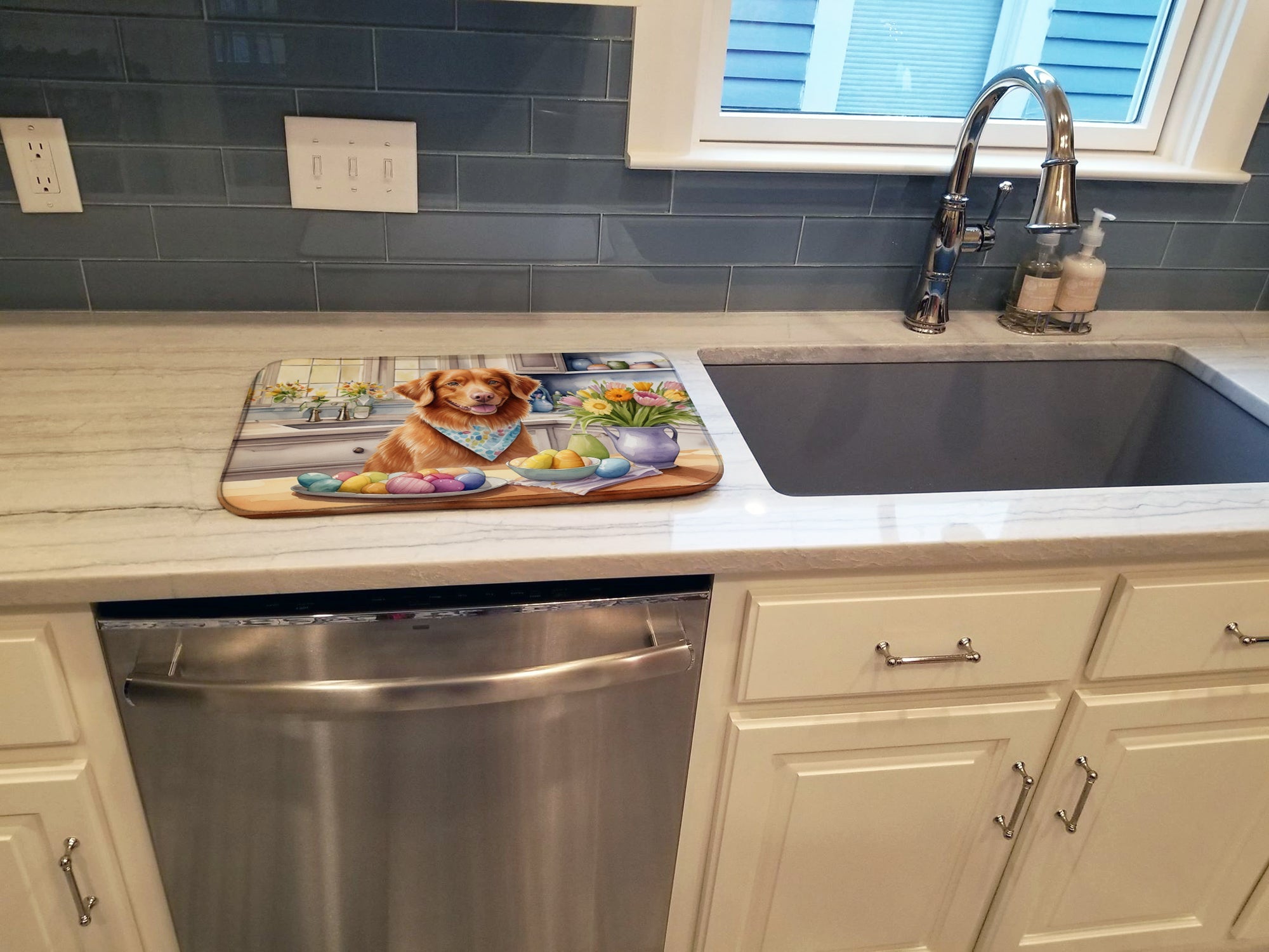 Decorating Easter Nova Scotia Duck Tolling Retriever Dish Drying Mat Absorbent Dish Drying Mat Pad for Kitchen Counter Dish Drainer Mat for Countertop, 14 x 21", Multicolor