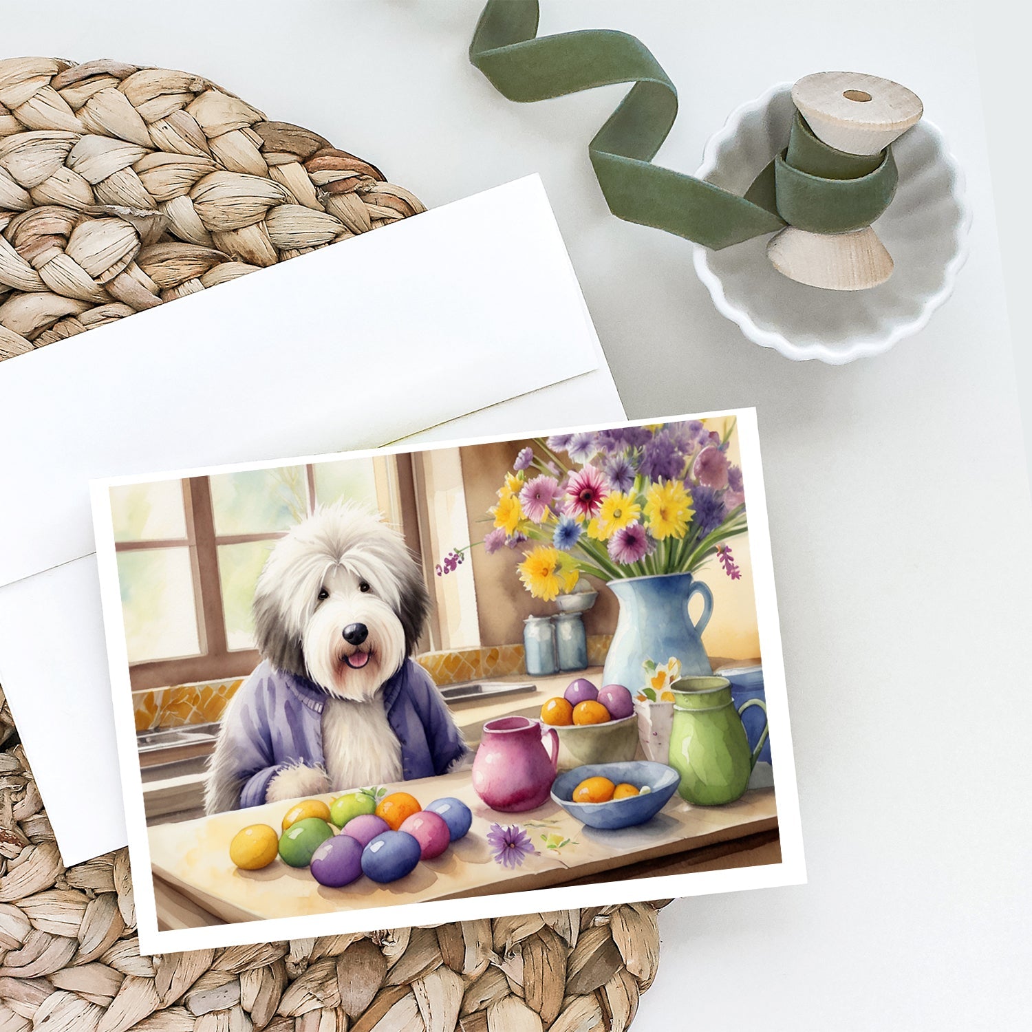 Decorating Easter Old English Sheepdog Greeting Cards Pack of 8 Blank Cards with Envelopes Whimsical A7 Size 5x7