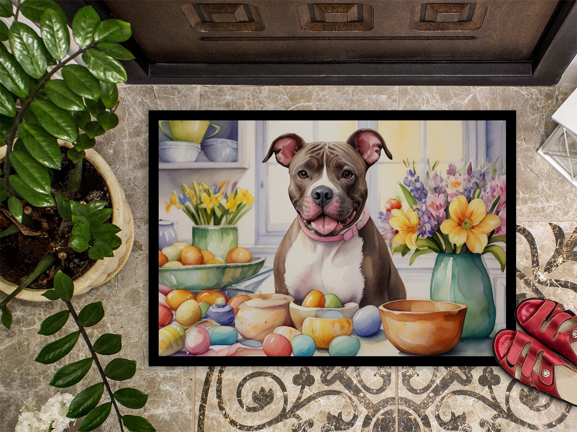 Decorating Easter Pit Bull Terrier Doormat Indoor Outdoor 24H X 36W Front Door Mat Rugs for Entryway, Non Slip Washable Low Pile,