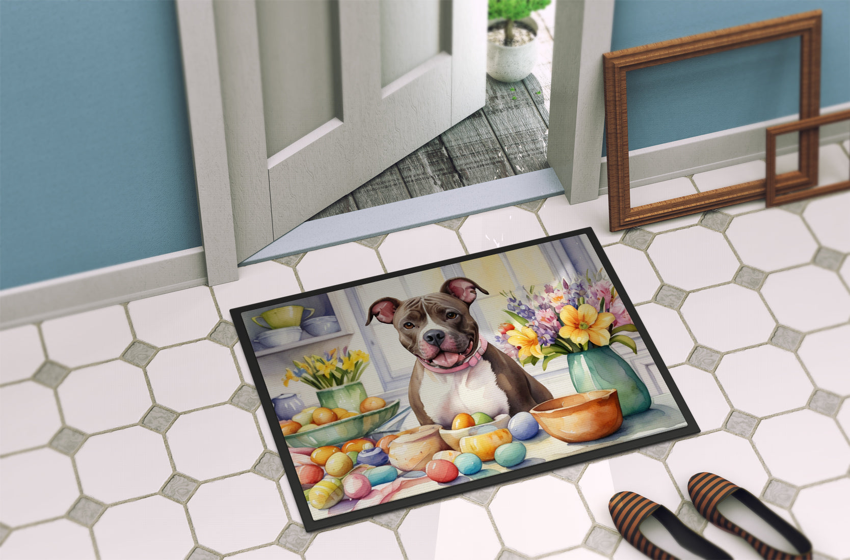 Decorating Easter Pit Bull Terrier Doormat Indoor Outdoor 18H X 27W Front Door Mat Rugs for Entryway, Non Slip Washable