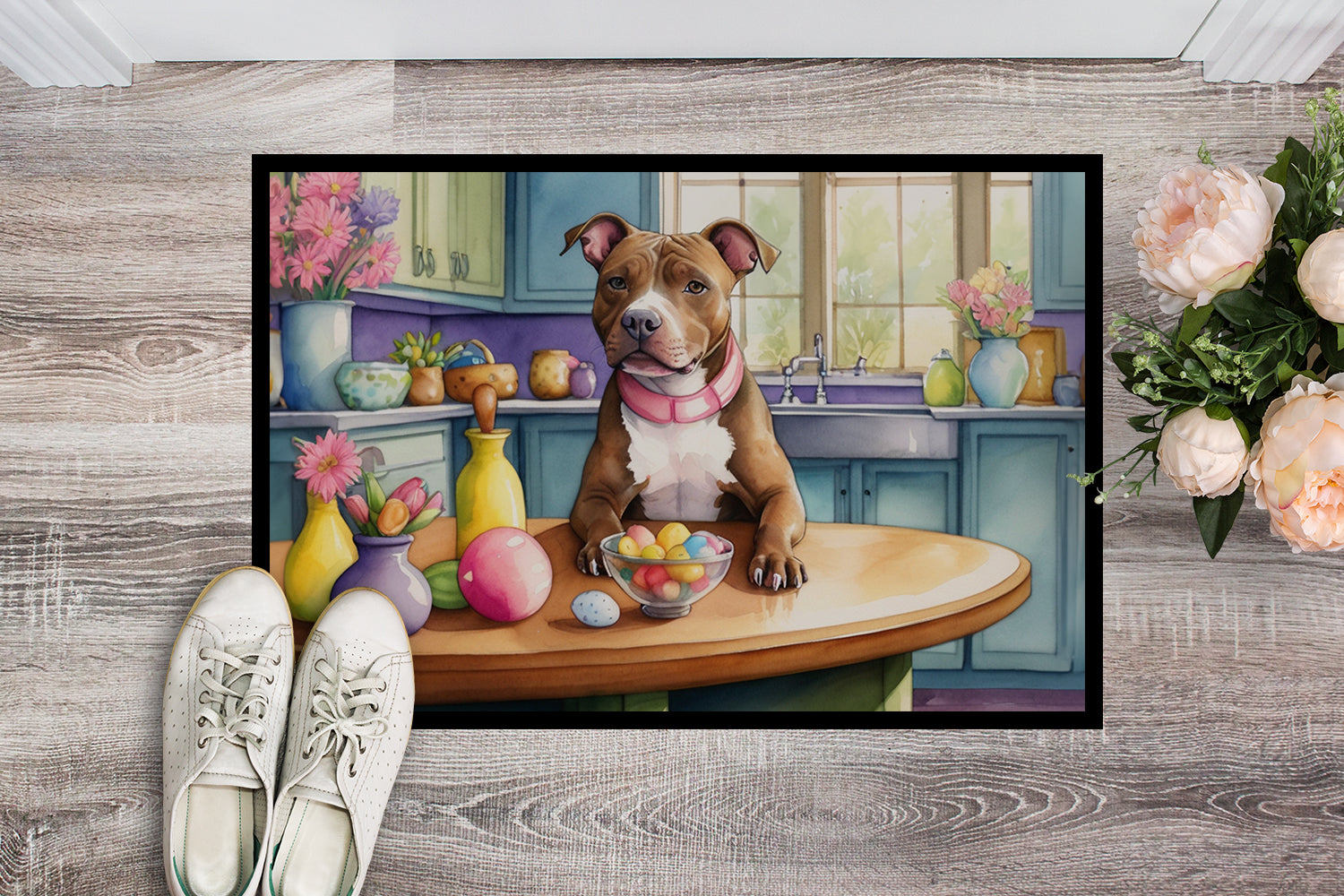 Decorating Easter Pit Bull Terrier Doormat Indoor Outdoor 24H X 36W Front Door Mat Rugs for Entryway, Non Slip Washable Low Pile,