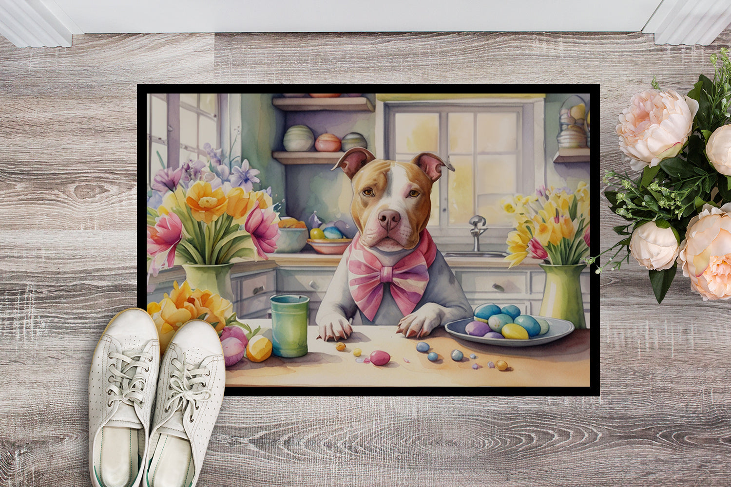 Decorating Easter Pit Bull Terrier Doormat Indoor Outdoor 24H X 36W Front Door Mat Rugs for Entryway, Non Slip Washable Low Pile,