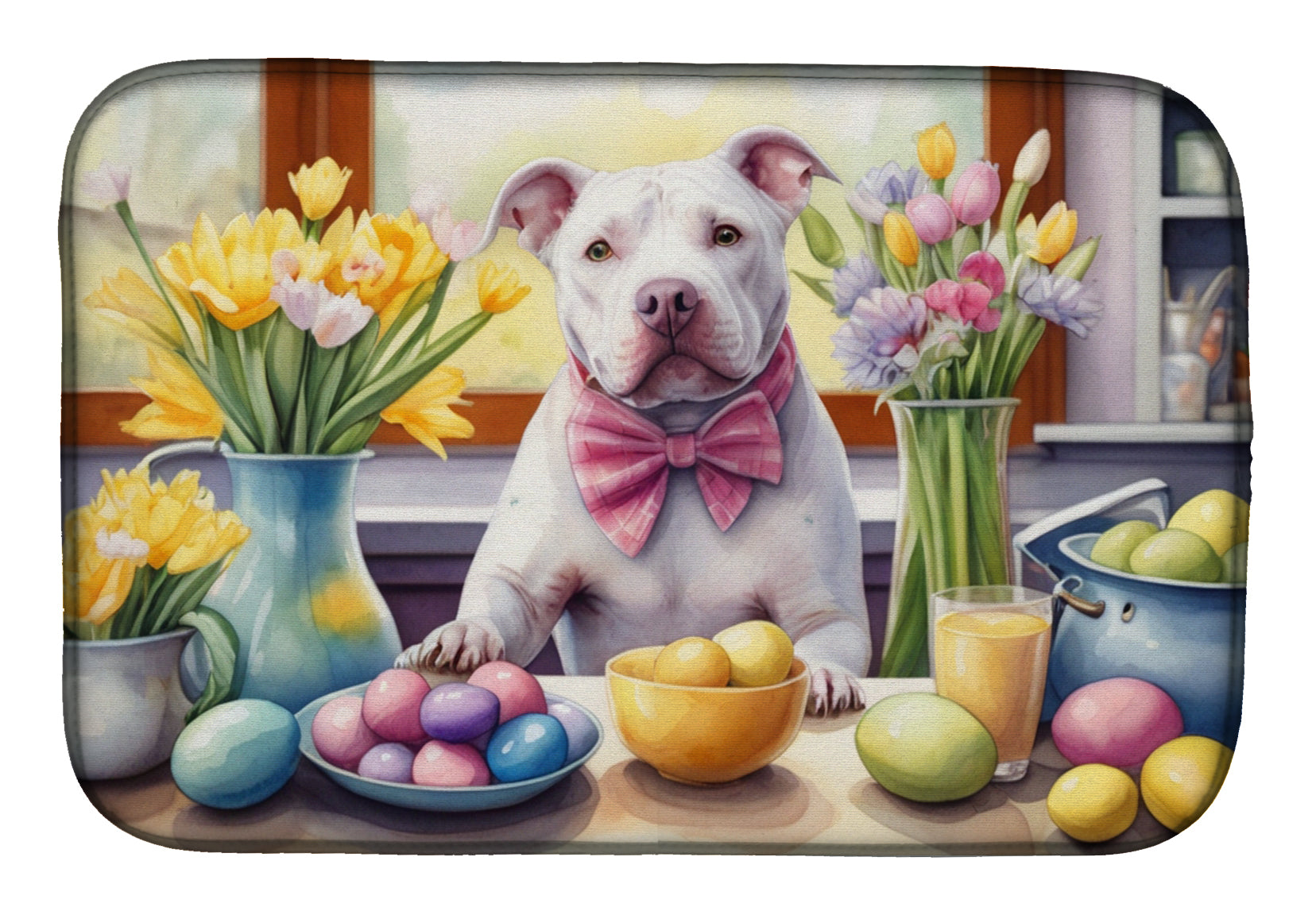 Decorating Easter Pit Bull Terrier Dish Drying Mat Absorbent Dish Drying Mat Pad for Kitchen Counter Dish Drainer Mat for Countertop, 14 x 21", Multicolor