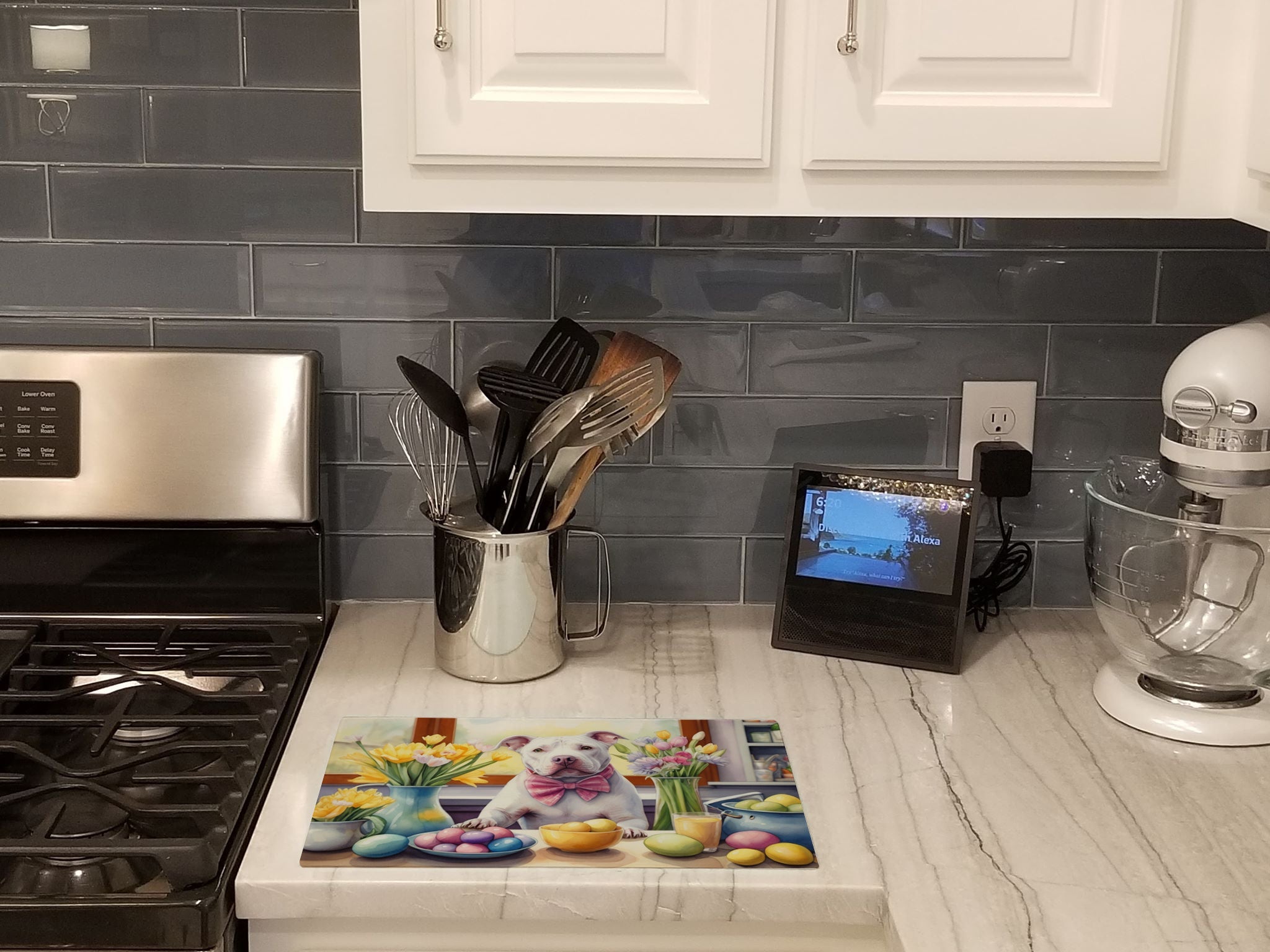 Decorating Easter Pit Bull Terrier Cutting Board Tempered Glass Kitchen Cutting Surface, Heat Resistant Chopping, Non-Slip Feet, Food Prep & Serving