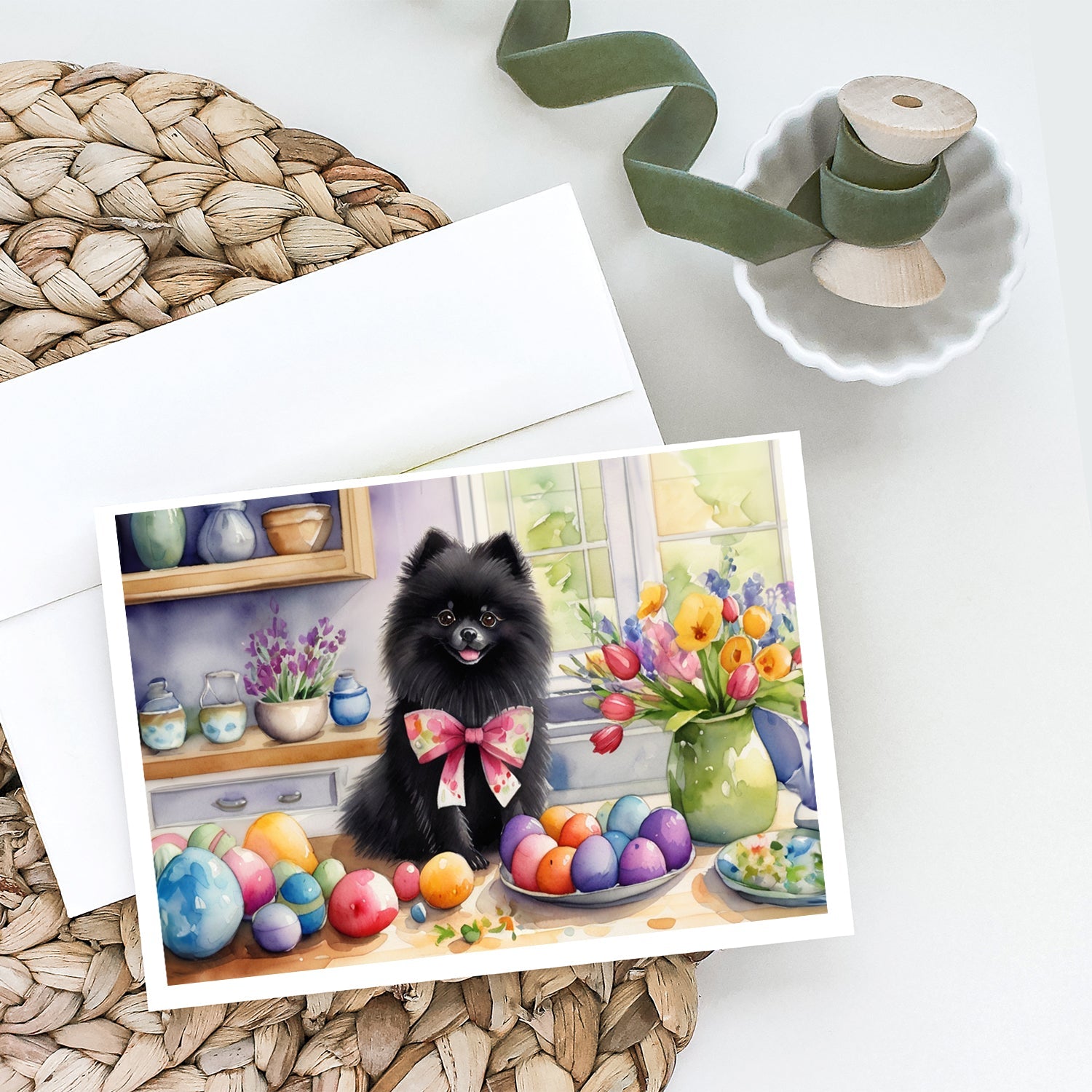 Decorating Easter Pomeranian Greeting Cards Pack of 8 Blank Cards with Envelopes Whimsical A7 Size 5x7