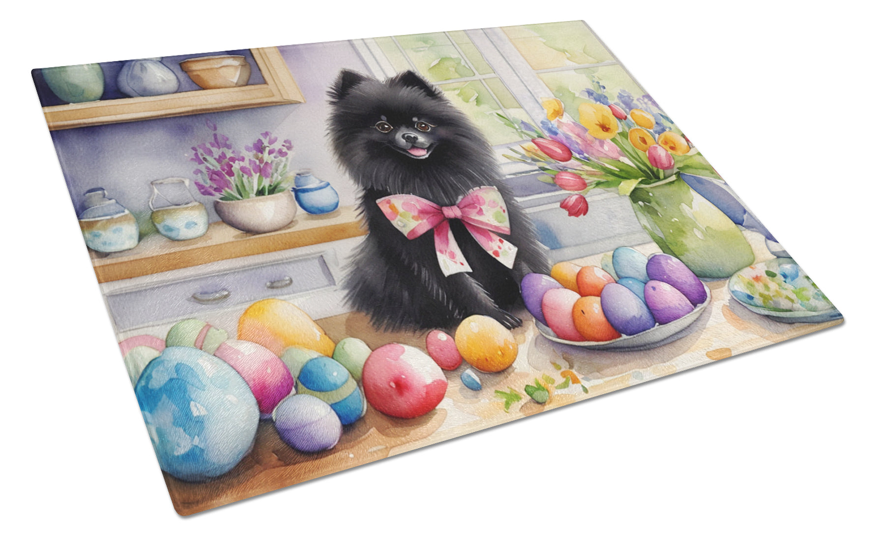 Decorating Easter Pomeranian Cutting Board Tempered Glass Kitchen Cutting Surface, Heat Resistant Chopping, Non-Slip Feet, Food Prep & Serving