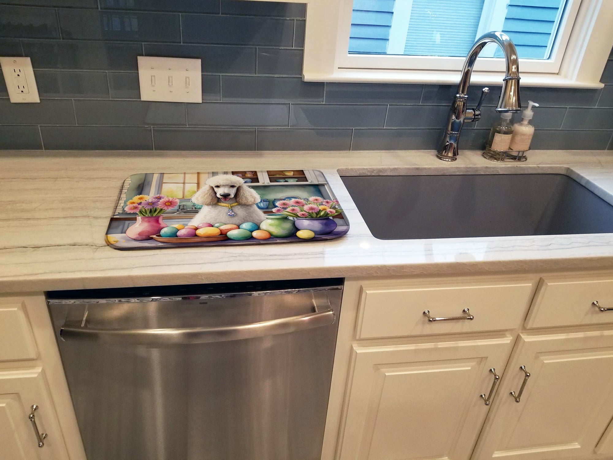 Decorating Easter White Poodle Dish Drying Mat Absorbent Dish Drying Mat Pad for Kitchen Counter Dish Drainer Mat for Countertop, 14 x 21", Multicolor