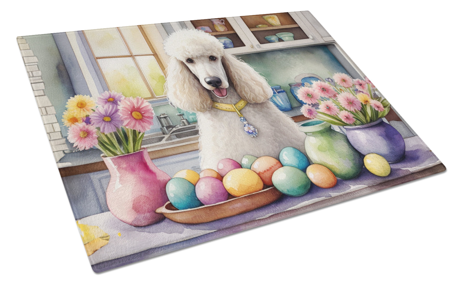 Decorating Easter White Poodle Cutting Board Tempered Glass Kitchen Cutting Surface, Heat Resistant Chopping, Non-Slip Feet, Food Prep & Serving