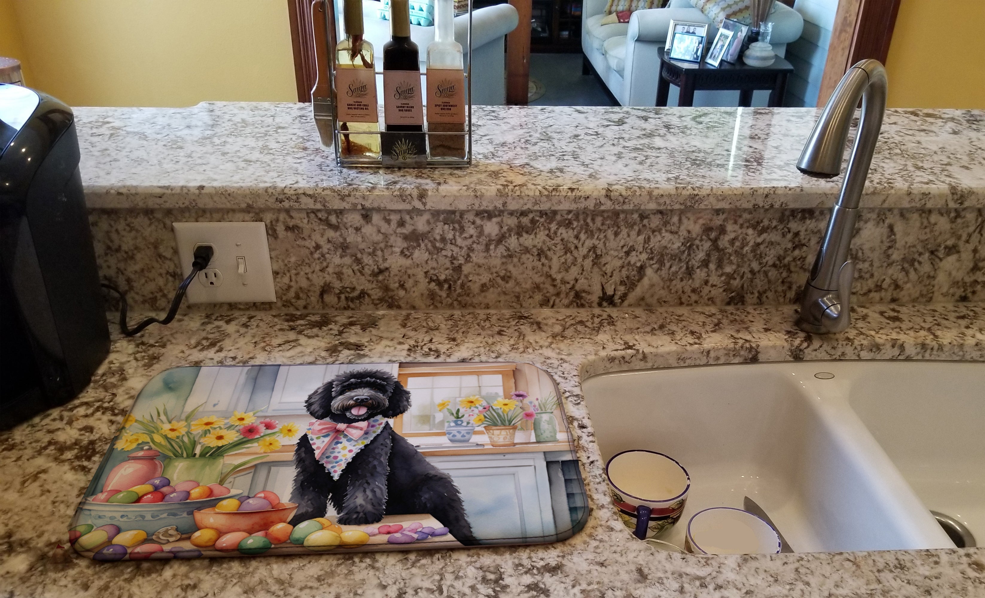 Decorating Easter Portuguese Water Dog Dish Drying Mat Absorbent Dish Drying Mat Pad for Kitchen Counter Dish Drainer Mat for Countertop, 14 x 21", Multicolor