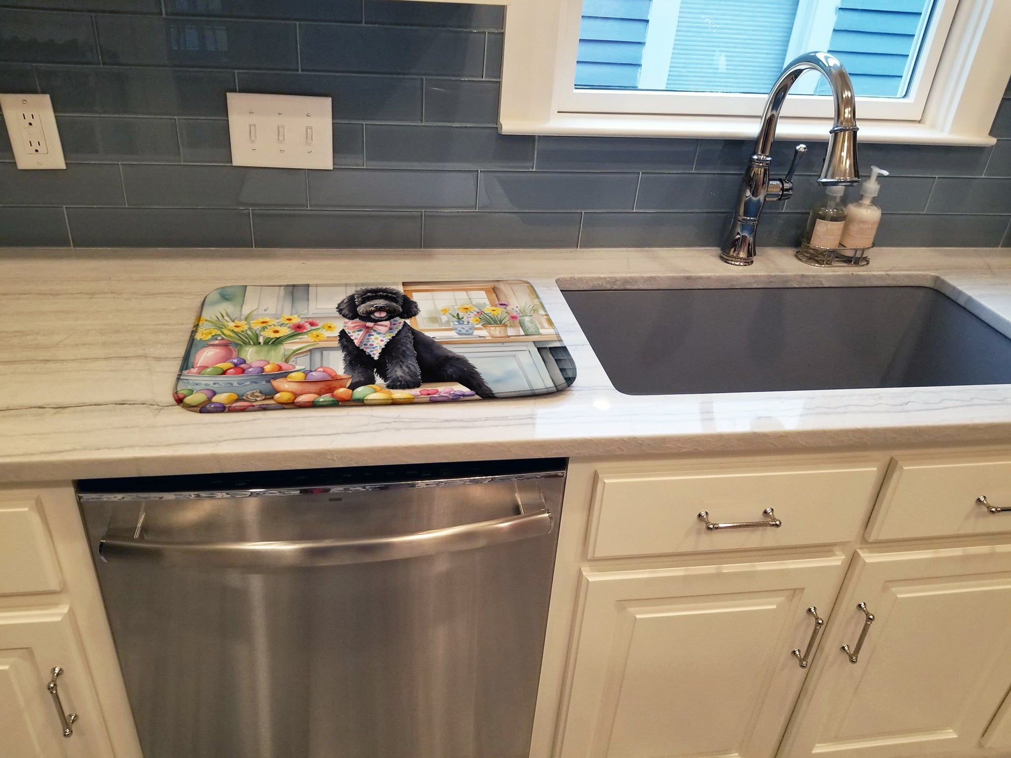 Decorating Easter Portuguese Water Dog Dish Drying Mat Absorbent Dish Drying Mat Pad for Kitchen Counter Dish Drainer Mat for Countertop, 14 x 21", Multicolor